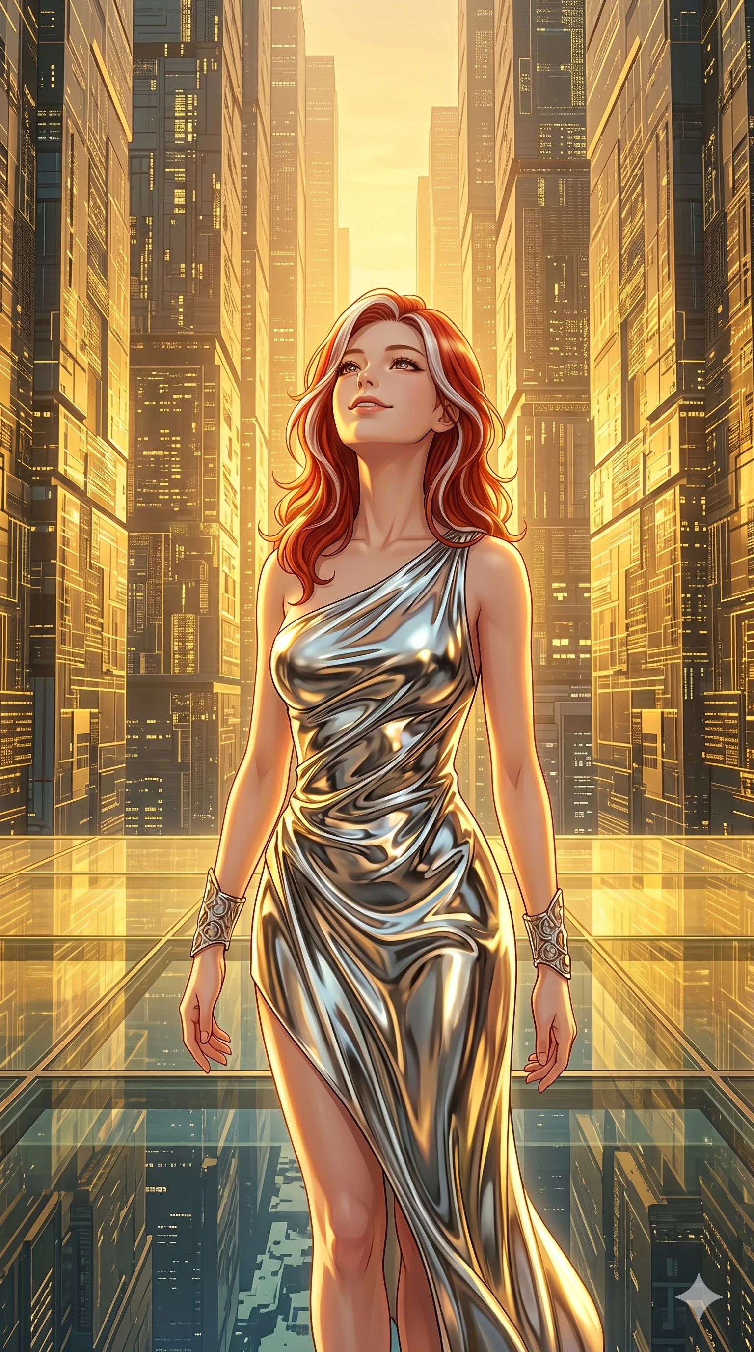 score_9, masterpiece, best quality, ultra-detailed, high-budget anime keyframe, Caucasian woman, strictly human ears. Upper body close-up from the thighs up, character filling the screen for maximum presence. Standing on a glass platform in a digital canyon, looking up at the towering digital walls with a serene, peaceful smile. She is wearing an asymmetrical dress in liquid-chrome finish and silver wrist cuffs. The scene is bathed in the warm yellow light of the canyon sunset. 2k, ultra detail, master piece, 9:16 ratio