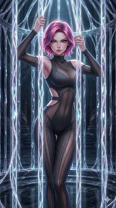 score_9, masterpiece, best quality, ultra-detailed, High-budget Anime Keyframe, East Asian woman. Dynamic full-body shot stretching the vertical silhouette to the limit. Scenario 82: Trapped in a cage of glowing crystalline fibers, body pressing agai
