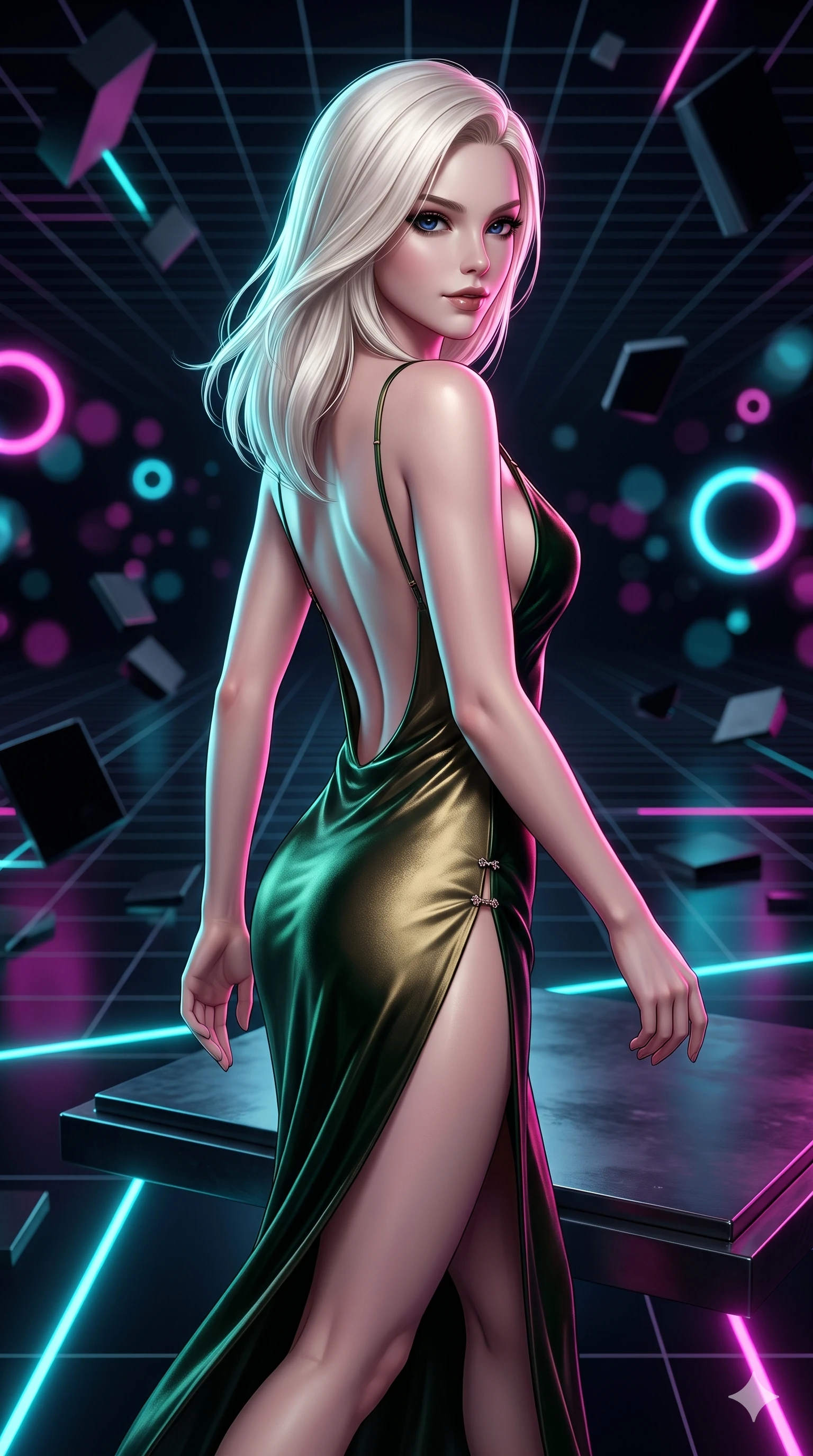 score_9, masterpiece, best quality, ultra-detailed, high-budget anime keyframe, semi-realistic 3D game render, editorial fashion photography, tasteful artistic composition, Caucasian woman. close-up cowboy shot from the waist and thighs up, the character dominates the composition, filling the frame with her large presence. posing in an alluring rear three-quarter angle, turning over a bare shoulder with an intoxicating, smoldering gaze while striding confidently along the floating monolithic platform, her long slender legs and hourglass hips commanding the infinite cyber void. The background shows a soft-focus tumbling obsidian geometric slabs, endless deep-space perspective grid lines, and glowing neon ring nodes blurred into magenta, cyan, and pitch-black bokeh. She has an exceptionally elegant, slender, and willowy female figure with an ultra-slim waist, flat toned midriff, narrow ribcage, and sculpted feminine hips creating an alluring, slim hourglass silhouette without bulk. sharp v-shaped jawline, high-bridge nose, intricate jewel-like dark sparkling eyes with hypnotic seductive depth, thick curled eyelashes, glossy parted lips with a natural wine sheen, alluring bedroom-eyes with an enigmatic smoldering smile, exuding magnetic sovereign charisma and dark avant-garde glamour, flawlessly proportioned anatomical accuracy, strict slender model proportions, natural body alignment, perfectly sculpted long slender limbs, ultra-slim waistline, clean dynamic posture without body distortion. wearing a provocative backless liquid lamé slip dress with plunging neckline and hip-high thigh slit in deep velvet forest green and antique brass, tailored from soft dark satin with subtle light-absorbing depth, finished with an ultra-high side slit secured by miniature jeweled clasps, the bespoke structured tailoring following the natural line of her 8.5-heads silhouette with refined elegance. bathed in high-contrast cyan and hot-magenta neon vector lines slicing across dark surfaces. highly saturated vibrant anime colors, detailed shading with soft gradients, rich glossy textures, high-contrast stereoscopic depth, volumetric dynamic lighting, master piece, 9:16 ratio