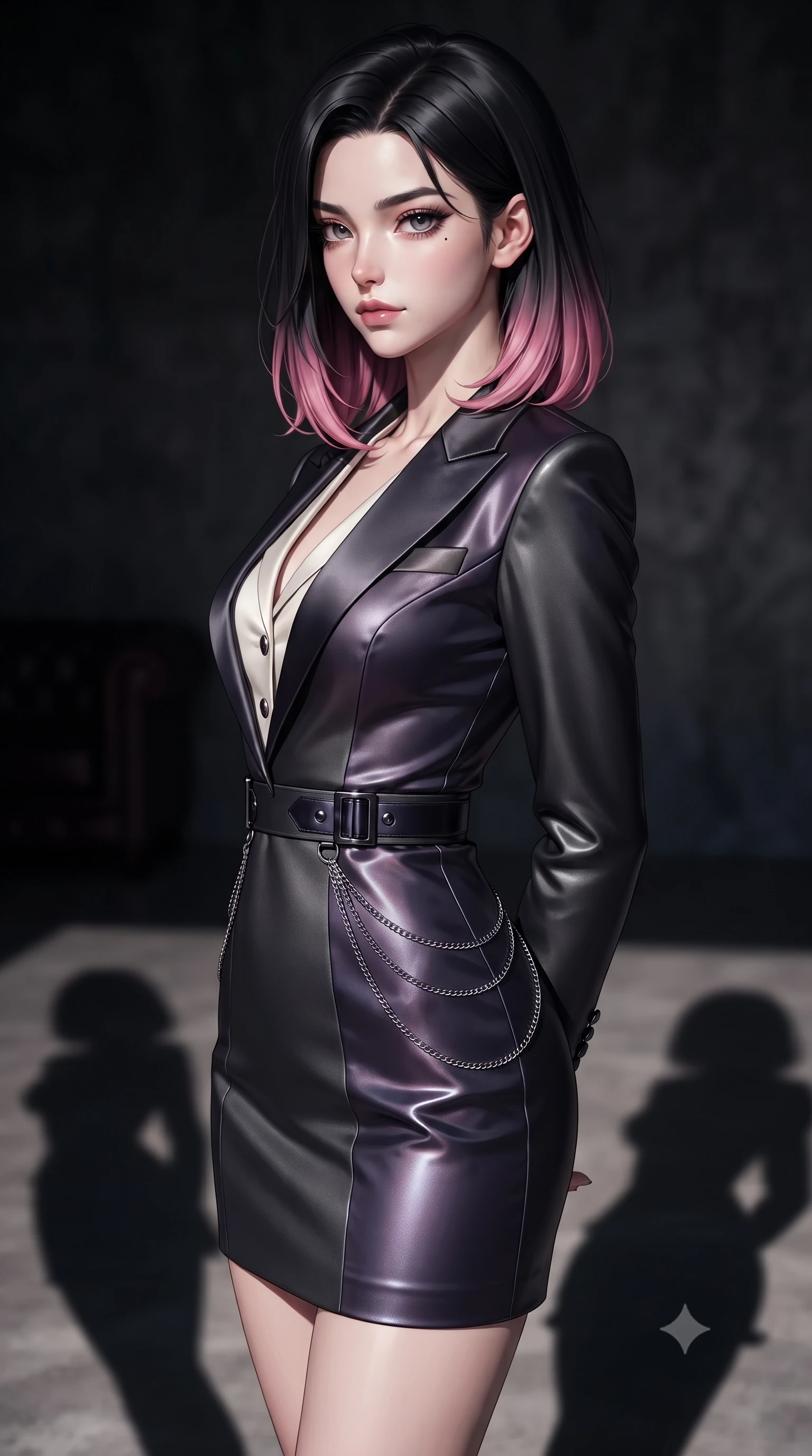 score_9, masterpiece, best quality, ultra-detailed, high-budget anime keyframe, editorial fashion photography, tasteful artistic composition, Korean woman. close-up cowboy shot from the waist and thighs up, the character dominates the composition, filling the frame with her large presence, background elements kept in soft focus. Glancing sidelong over her shoulder with a smoldering, enigmatic half-smile, looking composedly past the camera with quiet, sharp artistic focus, dramatic chiaroscuro lighting projecting sharp sculptural shadows on the floor. She has an exceptionally elegant, slender, and willowy female figure with an ultra-slim waist, a gracefully sculpted slender torso, and a refined silhouette. sharp v-shaped jawline, high-bridge nose, intricate jewel-like eyes with depth, thick eyelashes, glossy lips with a natural sheen. wearing tailored ivory tux dress with satin lapels and fitted waist in dark charcoal gray, made of iridescent dark violet taffeta, framed by dark titanium buckles and silver chain details, the fitted fabric emphasizing her ultra-slim waist. surrounded by deep obsidian shadows swallowing background elements. ultra-reflective glossy finish, specular highlights, metallic sheen, high-contrast stereoscopic depth, volumetric dynamic lighting, 2k, ultra detail, master piece, 9:16 ratio