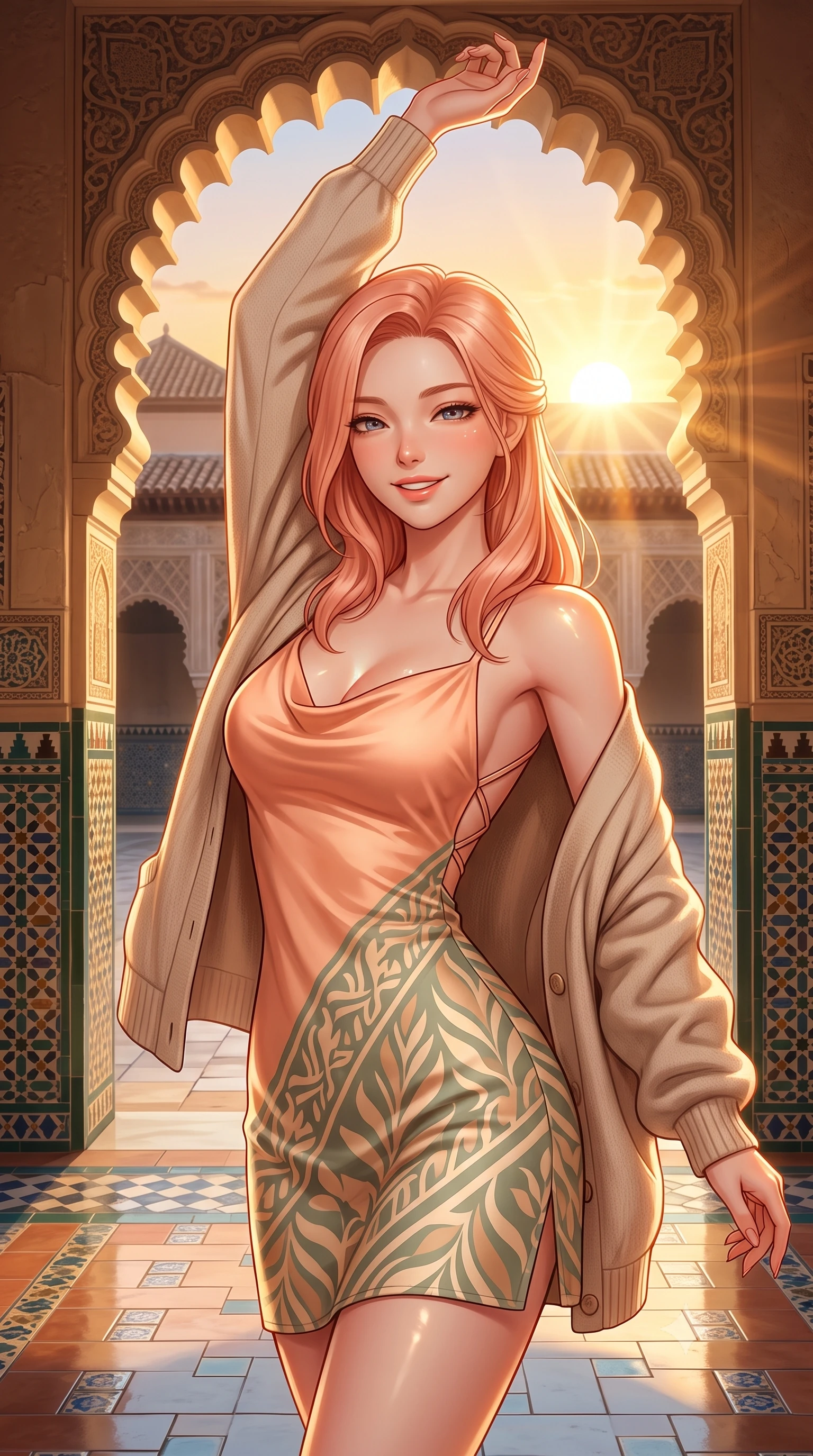 score_9, masterpiece, best quality, ultra-detailed, high-budget anime keyframe, semi-realistic 3D game render, editorial fashion photography, tasteful artistic composition, Japanese woman. close-up cowboy shot from the waist and thighs up, the character dominates the composition, filling the frame with her large presence. playfully stretching one arm overhead toward the setting sun, her radiant smile capturing fresh girlhood charm while her arched torso reveals an intoxicating hip contour while twisting her slender torso in an alluring contrapposto stance, Moorish tile reflections and golden sunbeams playing across her narrow waist and hips. The surrounding environment is rendered in vivid detail and crisp panoramic clarity. detailed resort gown drape, sunburst highlights on skin, and Royal Alcázar architecture in razor-sharp clarity. She has an exceptionally elegant, slender, and willowy female figure with an ultra-slim waist, flat toned midriff, narrow ribcage, and sculpted feminine hips creating an alluring, slim hourglass silhouette without bulk. sharp v-shaped jawline, high-bridge nose, sparkling amber-hazel eyes with depth, long lush eyelashes, glossy sun-kissed lips with a warm coral glaze, radiant teasing smile with sensual sunlit bedroom-eyes, exuding effortless old-money elegance and intoxicating sun-drenched allure, flawlessly proportioned anatomical accuracy, strict slender model proportions, natural body alignment, perfectly sculpted long slender limbs, ultra-slim waistline, clean dynamic posture without body distortion. wearing a breezy cowl-neck peach silk satin sundress with criss-cross back straps and hip-accentuating silhouette in sage green and warm almond beige, tailored from crisp cotton poplin with clean structural architectural lines, complemented by an oversized soft cashmere knit cardigan slipping off one bare shoulder, the form-fitting cut adhering flawlessly to her sculpted flat midriff and slender torso, emphasizing her long leg lines and perfectly proportioned willowy build. bathed in dramatic Andalusian late-afternoon golden hour sunlight streaming through scalloped arches. highly saturated vibrant anime colors, detailed shading with soft gradients, rich glossy textures, high-contrast stereoscopic depth, volumetric dynamic lighting, master piece, 9:16 ratio