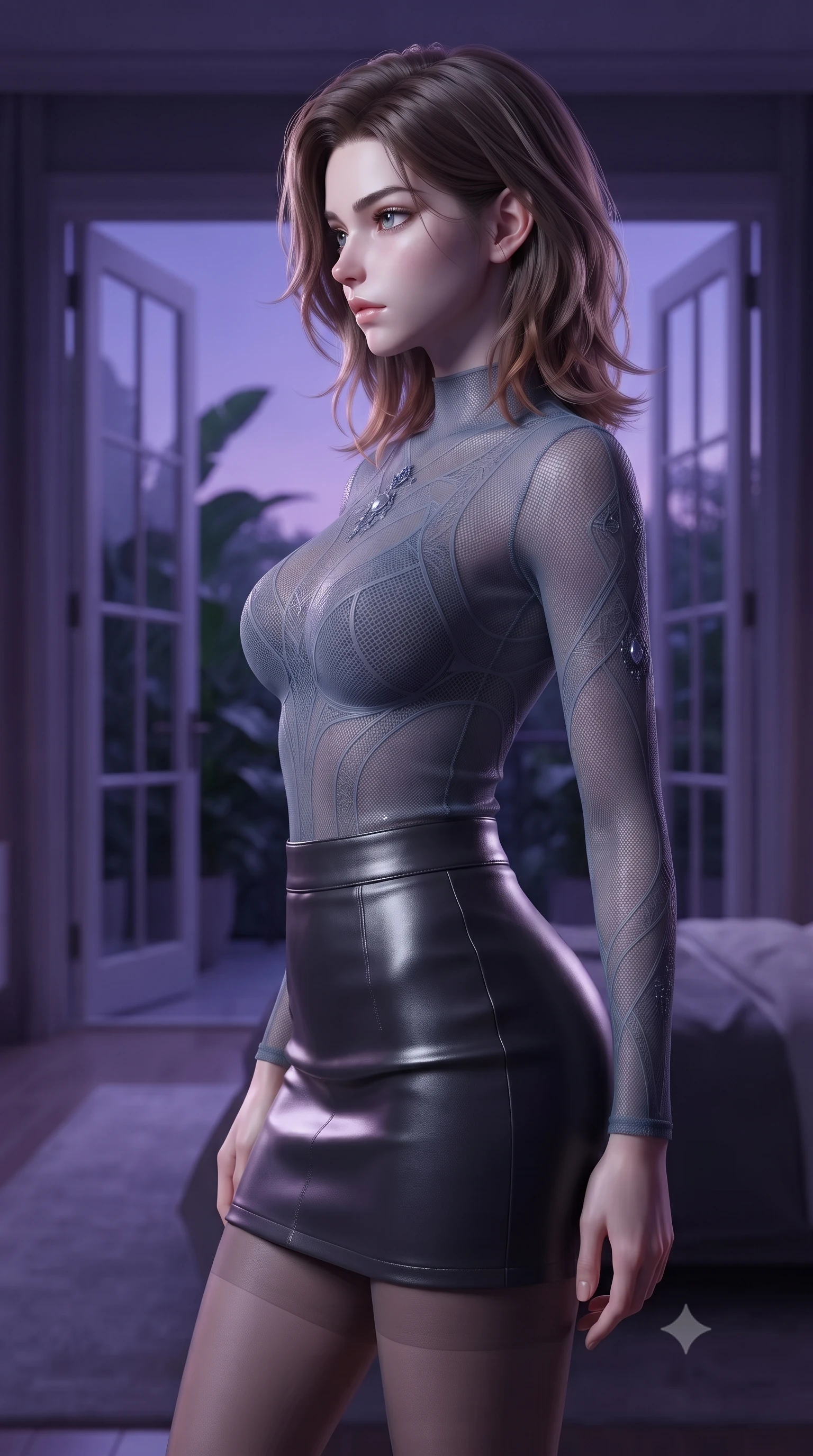 score_9, masterpiece, best quality, ultra-detailed, high-budget anime keyframe, editorial fashion photography, tasteful artistic composition, Korean woman woman. close-up cowboy shot from the waist and thighs up, the character dominates the composition, filling the frame with her large presence, background elements kept in soft focus. turning her face in sharp profile, casting a cold, mysterious, yet intensely alluring side gaze, the background shows a soft-focus a bedroom suite with double glass doors opening to a quiet botanical patio at dusk. She has an exceptionally elegant, slender, and willowy female figure with an ultra-slim waist, a gracefully sculpted slender torso, and a refined silhouette. sharp v-shaped jawline, high-bridge nose, intricate jewel-like eyes with depth, thick eyelashes, glossy lips with a natural sheen. wearing a form-contouring semi-transparent mesh top in slate grey, paired with a leather mini skirt and sheer stockings. deep violet twilight sky glow casting cool highlights on her form. ultra-reflective glossy finish, specular highlights, metallic sheen, high-contrast stereoscopic depth, volumetric dynamic lighting, 2k, ultra detail, master piece, 9:16 ratio