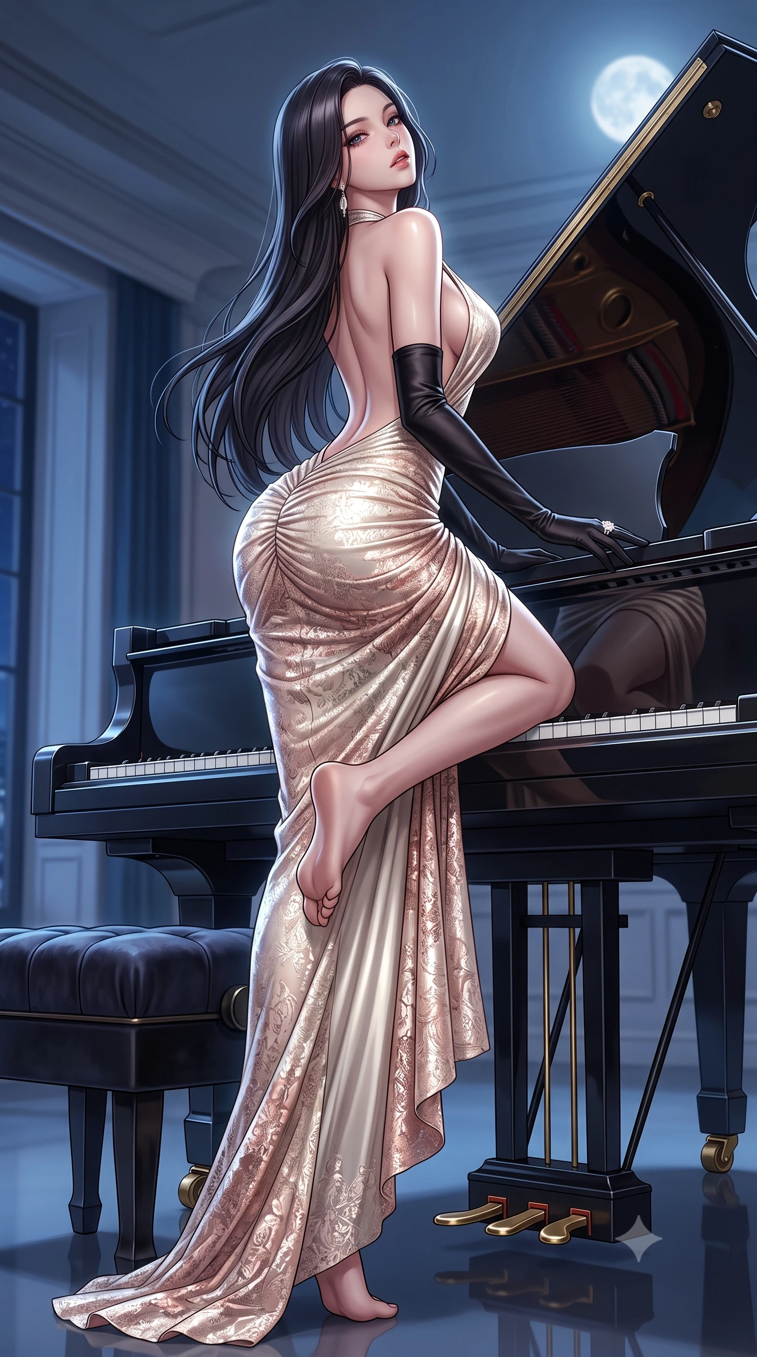 score_9, masterpiece, best quality, ultra-detailed, high-budget anime keyframe, semi-realistic 3D game render, editorial fashion photography, tasteful artistic composition, Korean woman. low angle full-body shot from head to toe showing her feet, filling the entire 9:16 vertical frame with her statuesque presence, stretching her vertical silhouette. posing with back turned slightly to the lens, glancing back with smoldering allure as she arches her lower back to emphasize her sculpted feminine hips and slender waist while stretching languidly on the piano lid with one knee raised and head tilted back in musical ecstasy, moonlight tracing her throat and hips. The surrounding environment is rendered in vivid detail and crisp panoramic clarity. sharp piano lacquer surface reflections, polished brass pedal hardware, and velvet stool tufting in deep focus. She has an absolutely perfect, statuesque 8.5-heads proportion, an exceptionally tall and slender model-like female figure with impossibly long slender legs, a toned flat midriff, an ultra-slim waist, and beautifully sculpted feminine hips. sharp v-shaped jawline, high-bridge nose, intricate jewel-like eyes with depth, thick eyelashes, glossy parted lips with a natural sheen, intensely captivating and seductive bedroom-eyes expression, flawlessly proportioned anatomical accuracy, strict slender model proportions, natural body alignment, perfectly sculpted long slender limbs, ultra-slim waistline, clean dynamic posture without body distortion. wearing a plunging halter-neck metallic lamé column dress with a dramatic bare spine and hip-defining ruching in champagne ivory and delicate rose gold, formed from shimmering floral lace over smooth opaque silk lining, accessorized with opera-length black satin gloves and a sparkling cocktail ring, the form-contouring material adhering flawlessly to her sculpted flat midriff and slender torso, emphasizing her long leg lines and perfectly proportioned willowy build. illuminated by sleek metallic reflections sculpting her sculpted collarbones, ultra-slim waist, and curvy hips. highly saturated vibrant anime colors, detailed shading with soft gradients, rich glossy textures, high-contrast stereoscopic depth, volumetric dynamic lighting, master piece, 9:16 ratio