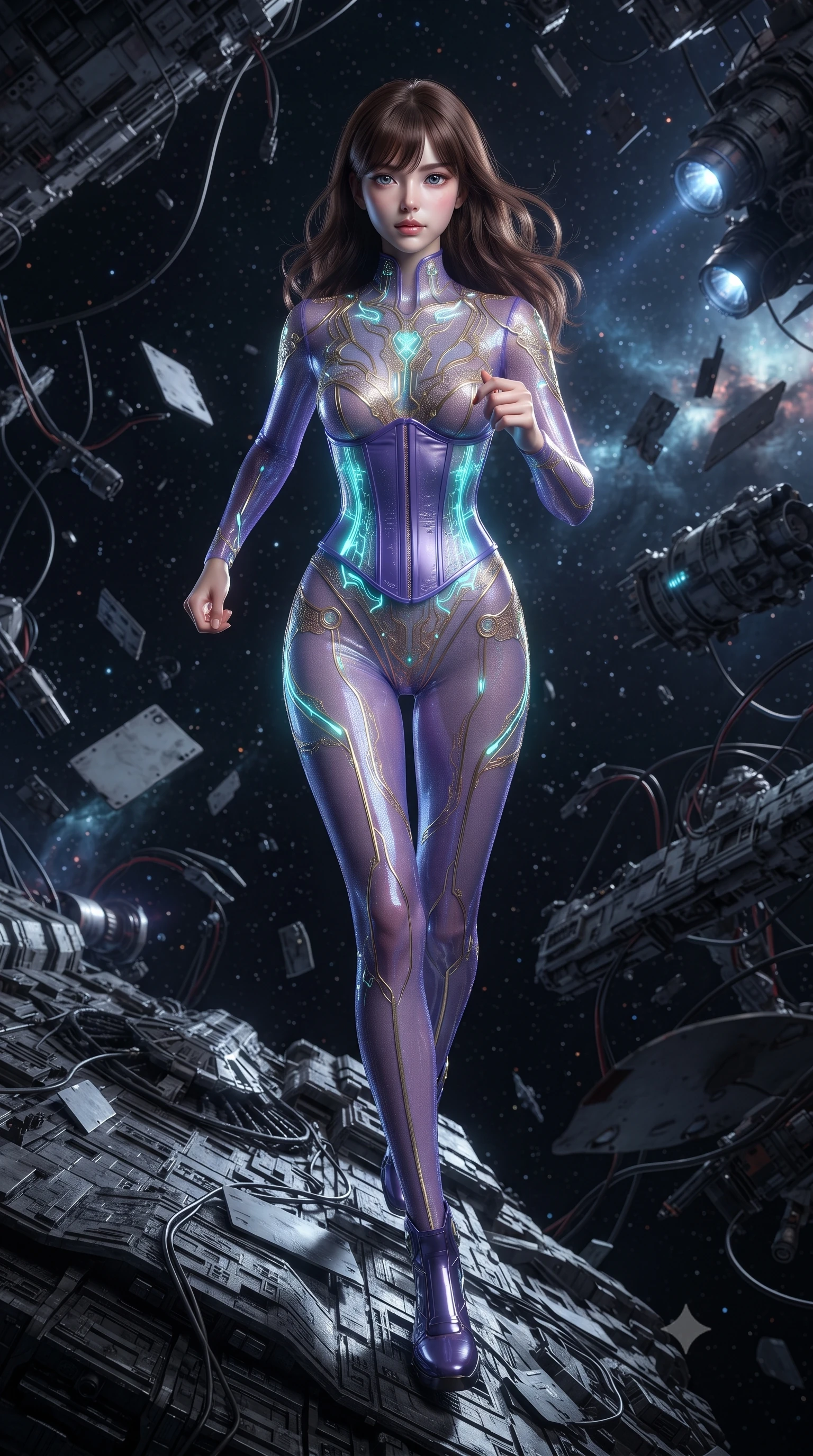 score_9, masterpiece, best quality, ultra-detailed, high-budget anime keyframe, editorial fashion photography, tasteful artistic composition, realistic cosplay photography, Korean woman. low angle full-body shot from head to toe showing her feet, filling the entire 9:16 vertical frame with her statuesque presence, stretching her vertical silhouette. running along the outer hull of a giant starship in zero gravity, magnetic boots clinging to floating amidst the debris of destroyed starships, wires, plates, and cold engines reflecting distant stars. She has a statuesque 8.5-heads proportion, an exceptionally tall, slender and willowy model-like build with impossibly long legs and a highly sculpted ultra-slim waist. sharp v-shaped jawline, high-bridge nose, intricate jewel-like eyes with depth, thick eyelashes, glossy lips with a natural sheen. wearing tailored for maximum mobility, sleek form-contouring panels that allow fluid movement, a body-hugging sheer holographic bodysuit in violet, featuring embedded gold-lace circuits and a matching underbust corset. soft aqua bioluminescent light making her skin luminously glow against darkness. ultra-reflective glossy finish, specular highlights, metallic sheen, high-contrast stereoscopic depth, volumetric dynamic lighting, 2k, ultra detail, master piece, 9:16 ratio