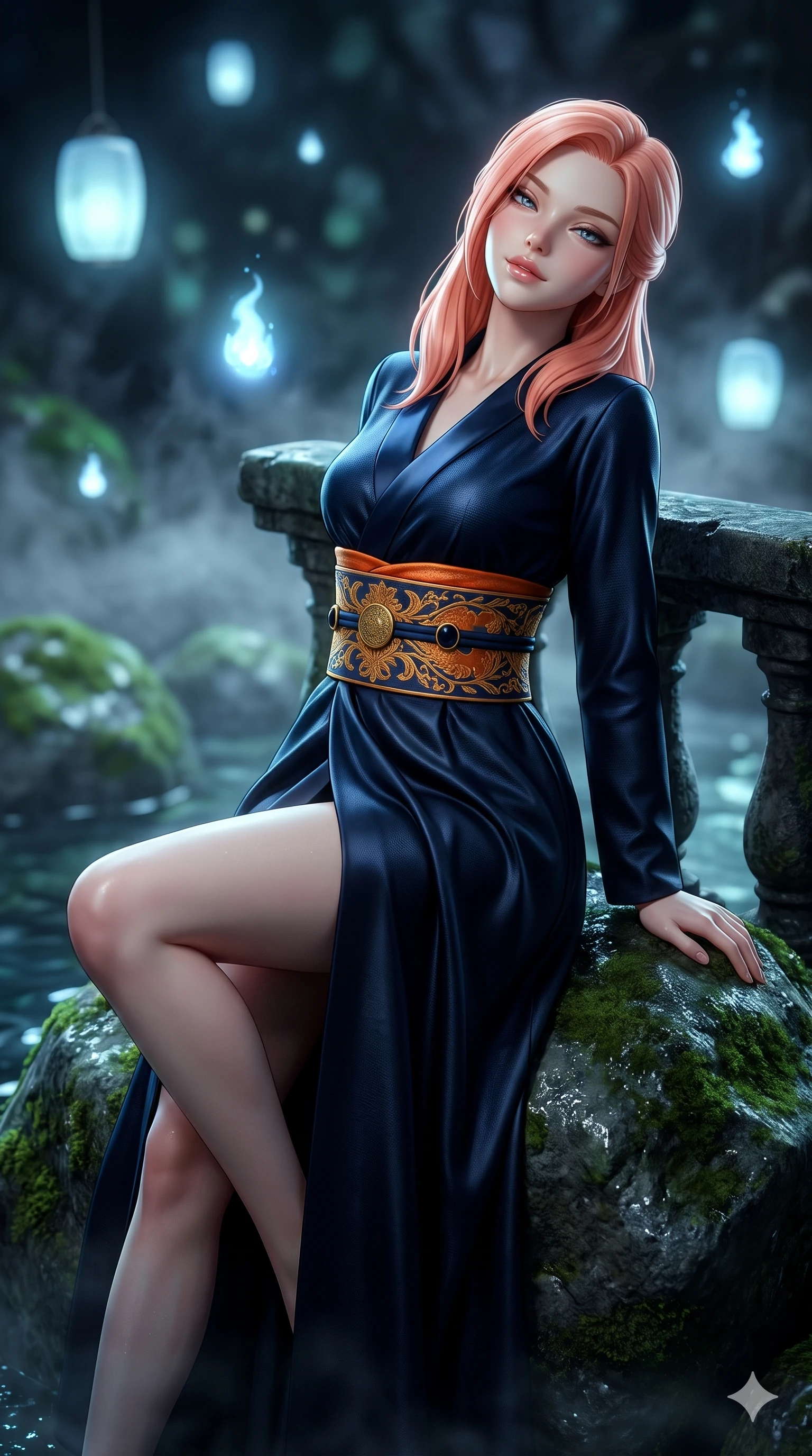 score_9, masterpiece, best quality, ultra-detailed, high-budget anime keyframe, semi-realistic 3D game render, editorial fashion photography, tasteful artistic composition, Japanese woman. close-up cowboy shot from the waist and thighs up, the character dominates the composition, filling the frame with her large presence. leaning back against the balustrade with relaxed seductive grace, head tilted back slightly while casting a hypnotic, heavy-lidded gaze while perched sideways on the mossy boulder at the water's edge, one knee drawn up to showcase her slender leg line while her arched back accentuates her curves. The background shows a soft-focus floating pale blue spirit lanterns, moss-covered boulders, and swirling mountain spring mist blurred into pale cyan, emerald, and charcoal bokeh. She has an exceptionally elegant, slender, and willowy female figure with an ultra-slim waist, flat toned midriff, narrow ribcage, and sculpted feminine hips creating an alluring, slim hourglass silhouette without bulk. sharp v-shaped jawline, high-bridge nose, sparkling eyes with hypnotic seductive depth, thick curled eyelashes, glossy parted lips with a natural dewy peach sheen, alluring bedroom-eyes with an enchanting coquettish smile, exuding magnetic siren charisma and sophisticated glamour, flawlessly proportioned anatomical accuracy, strict slender model proportions, natural body alignment, perfectly sculpted long slender limbs, ultra-slim waistline, clean dynamic posture without body distortion. wearing a structured midnight blue silk after-hours durumagi long robe dress with satin lapels and a gold-embroidered obi sash in sunset tangerine orange and deep navy indigo, tailored from heavy double-faced silk faille with an exceptionally fluid drape, accented with an authentic engraved gold medallion and obsidian cabochons, the impeccably tailored cut draping gracefully along her slender figure with aristocratic eastern poise. surrounded by a mysterious dark spiritual aura with pale blue floating spirit fires and cool moonlight. highly saturated vibrant anime colors, detailed shading with soft gradients, rich glossy textures, high-contrast stereoscopic depth, volumetric dynamic lighting, master piece, 9:16 ratio