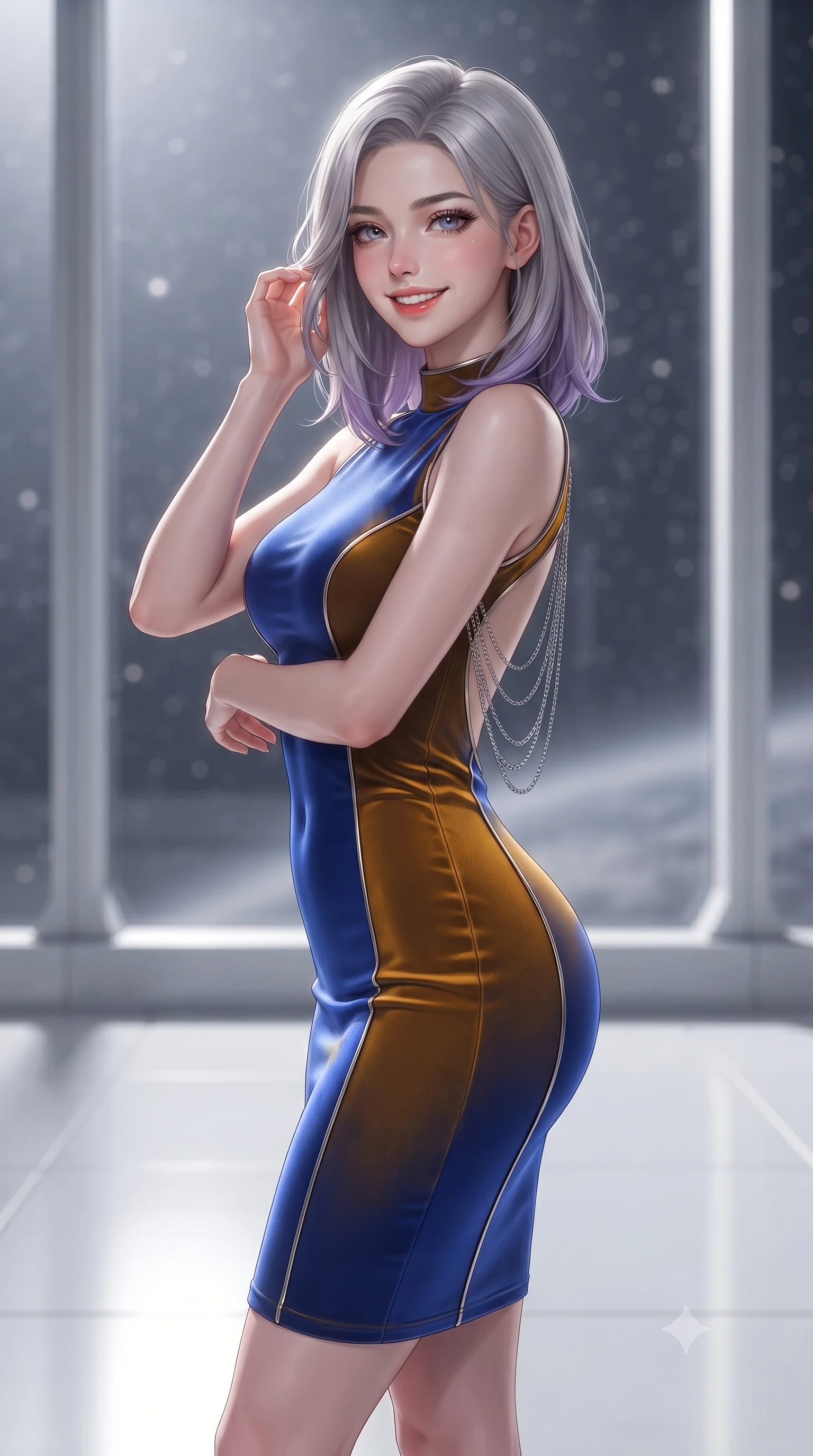 score_9, masterpiece, best quality, ultra-detailed, high-budget anime keyframe, editorial fashion photography, tasteful artistic composition, Caucasian woman. close-up cowboy shot from the waist and thighs up, the character dominates the composition, filling the frame with her large presence. gently brushing a lock of hair behind her ear while casting a playful, flirtatious side-gaze with long eyelashes while standing poised on the polished white polymer floor before the floor-to-ceiling starlight observation window, arching her back with aristocratic supermodel elegance. The background shows a soft-focus ambient starlight particulate glow softened in orbital officer sanctuary shallow focus. She has an exceptionally elegant, slender, and willowy female figure with an ultra-slim waist, flat toned midriff, narrow ribcage, and sculpted feminine hips creating an alluring, slim hourglass silhouette without bulk. sharp v-shaped jawline, high-bridge nose, intricate jewel-like sparkling eyes with depth, thick eyelashes, glossy parted lips with a natural peach sheen, bright cheerful beaming smile with an enchanting and coquettish sensual glint, exuding both youthful cute charm and seductive allure, flawlessly proportioned anatomical accuracy, strict slender model proportions, natural body alignment, perfectly sculpted long slender limbs, ultra-slim waistline, clean dynamic posture without body distortion. wearing a tailored liquid velvet combat sheath dress with subtle metallic piping following her feminine curves without bulk in Jovian storm amber and electric cobalt, made of fluid liquid jersey with seamless sculpting hold and smooth contours, accented with an open-back drape framed by falling strands of delicate chrome chains, the glove-like clinging cut tightly following the natural contour of her hips and long slender legs with youthful 8.5-heads elegance. illuminated by white polymer floor reflection bounce and sharp platinum rim lights sculpting her jawline, narrow waist, and curvy hips. ultra-reflective glossy finish, specular highlights, rich textural contrasts, high-contrast stereoscopic depth, volumetric dynamic lighting, 2k, ultra detail, master piece, 9:16 ratio