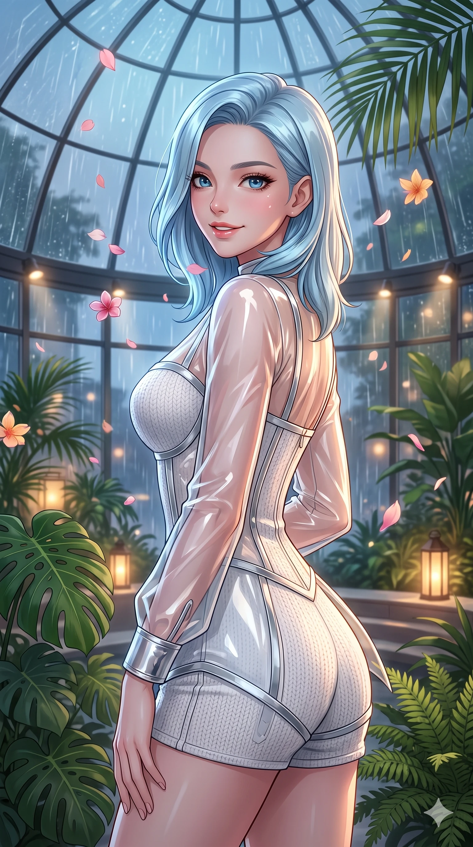 score_9, masterpiece, best quality, ultra-detailed, high-budget anime keyframe, vibrant anime aesthetic, Korean woman. close-up cowboy shot from the waist and thighs up, the character dominates the composition, filling the frame with her large presence, background elements kept in soft focus. She is posing near glass greenhouse panels, smiling delightfully over her shoulder, gazing softly at the camera lens surrounded by delicate flower petals. the background shows a soft-focus modern glass atrium of a hotel lobby filled with tropical plants and warm spotlights, looking at a rain shower (Code-P22-198). She has an absolutely perfect proportion, an exceptionally elegant and slender female figure with an ultra-slim waist. V-shaped jawline, high-bridge nose, intricate jewel-like eyes with depth, thick eyelashes, glossy lips with a natural sheen. wearing a translucent patent-gloss top over a white textured knit structured bodice and knit shorts in silver metallic and translucent gloss. She is bathed in soft twilight glow mixed with warm lantern lights, highlighting her V-shaped jawline under the glass dome roof. 2k, ultra detail, master piece, 9:16 ratio