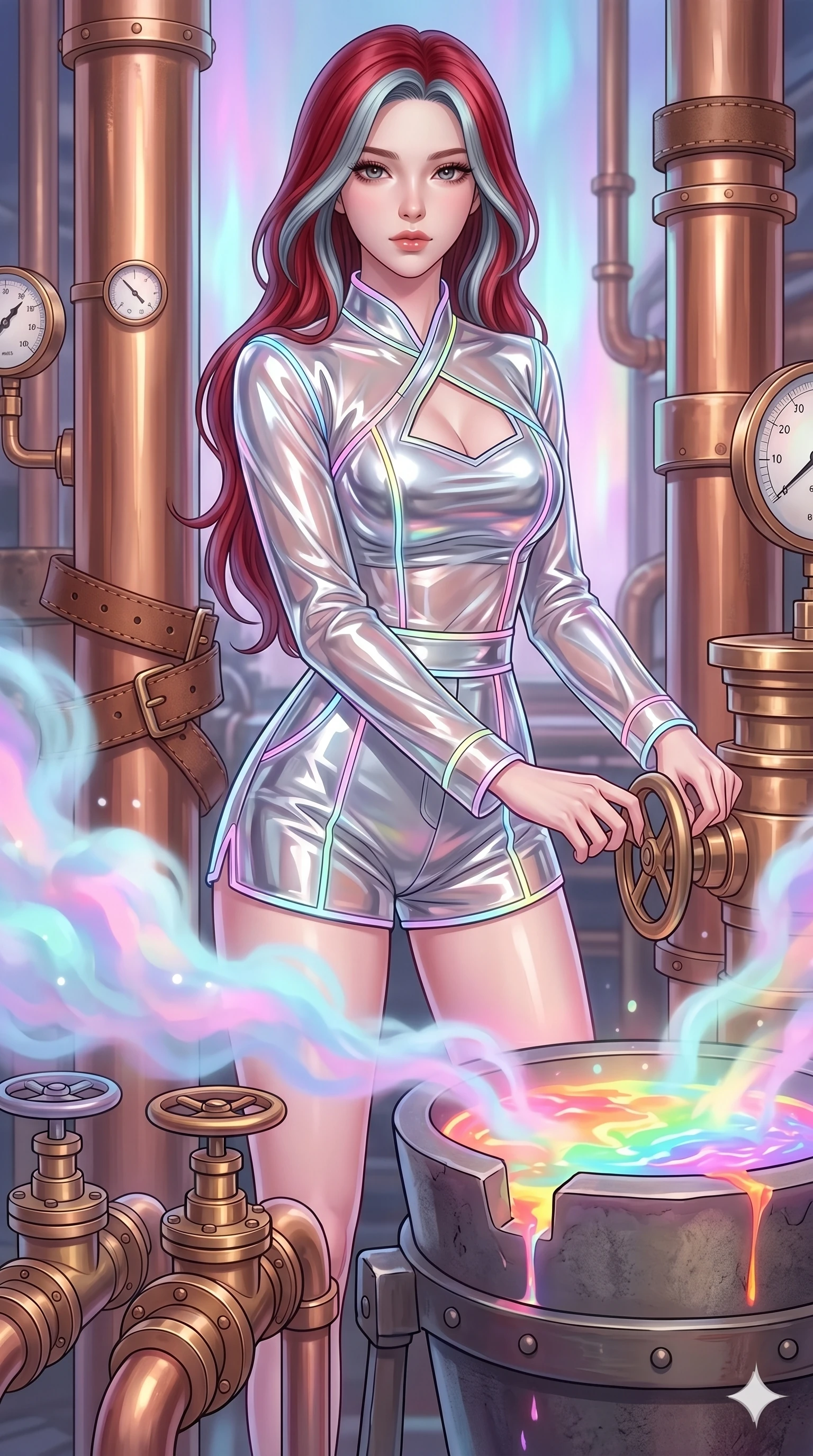 score_9, masterpiece, best quality, ultra-detailed, high-budget anime keyframe, Caucasian woman, strictly human ears. upper body close-up from the thighs up, character filling the screen for maximum presence. operating a steampunk aurora foundry surrounded by massive copper pipes and leather belts, where pastel aurora gas billows from valves and liquid rainbow energy boils in a crucible. She has an absolutely perfect 8-heads proportion, an exceptionally tall and slender female figure with impossibly long slender legs and an ultra-slim waist. V-shaped jawline, high-bridge nose, intricate jewel-like eyes with depth, thick eyelashes, glossy lips with a natural sheen.. wearing a vinyl liquid mercury fusion hanbok, featuring a translucent chrome-silver vinyl jeogori and high-waist tailored mini shorts, detailed with glowing neon wire trims and a tasteful chest slit. enhanced by a luminous pastel spectrum glow, casting elegant rim lights on her shoulders and jawline. 2k, ultra detail, master piece, 9:16 ratio
