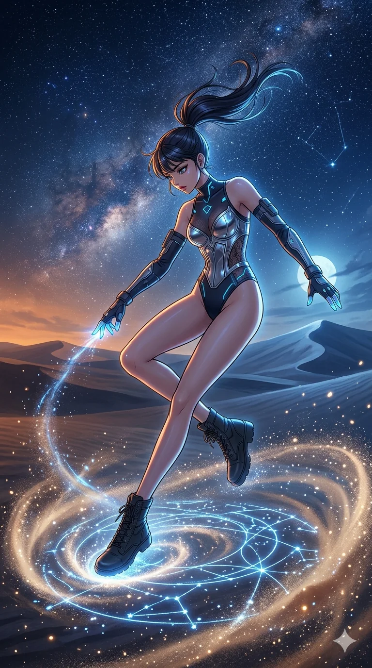 score_9, masterpiece, best quality, ultra-detailed, high-budget anime movie keyframe, cinematic anime lighting, intricate line art, Korean anime girl. Mid-air action shot capturing a graceful twist and vertical silhouette. drawing a map of the stars in the dust of a desert. She has an absolutely perfect 8-heads proportion, an exceptionally tall and slender female figure with an ultra-slim waist and impossibly long slender legs. strictly human anatomy, two legs only, no extra limbs, clearly defined legs and arms, perfect anatomy, perfect hands and fingers. sharp v-shaped jawline, high-bridge nose, intricate jewel-like eyes, thick eyelashes, glossy lips. Wearing Cyber-Tech Legacy: Asymmetrical high-cut tech-bodysuit with detached sleeves and chrome-plated corset over sheer lace. The scene is illuminated by dramatic atmospheric lighting and vibrant color palettes. , 2k, ultra detail, master piece, 9:16 ratio