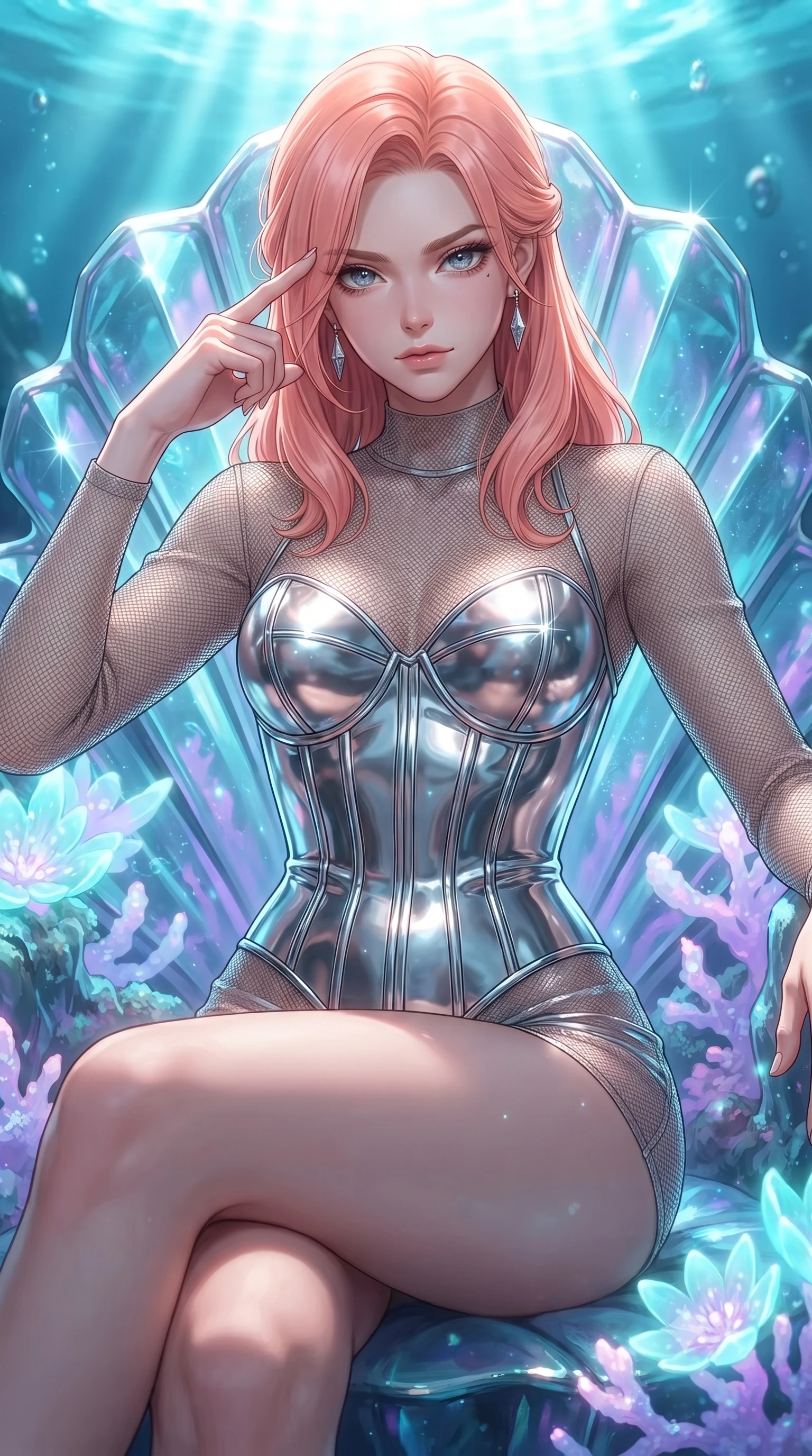 score_9, masterpiece, best quality, ultra-detailed, high-budget anime keyframe, editorial fashion photography, tasteful artistic composition, Japanese woman. close-up cowboy shot from the waist and thighs up, the character dominates the composition, filling the frame with her large presence, background elements kept in soft focus. Pressing two fingers to her temple in a composed thoughtful gesture with an air of magnetic charisma poised on an abyssal prism shell throne bathed in sunlit ocean rays, glowing coral blossoms emitting soft aqua and lavender light. She has an exceptionally elegant, slender, and willowy female figure with an ultra-slim waist, a gracefully sculpted slender torso, and a refined silhouette. sharp v-shaped jawline, high-bridge nose, intricate jewel-like eyes with depth, thick eyelashes, glossy lips with a natural sheen. wearing a metallic chrome-plated structured bodice worn over a sheer mesh-textured top and micro-shorts, the tailored fabric tightly following every curve of her athletic build. bathed in brilliant underwater sunbeams and soft turquoise caustic glow. ultra-reflective glossy finish, specular highlights, metallic sheen, high-contrast stereoscopic depth, volumetric dynamic lighting, 2k, ultra detail, master piece, 9:16 ratio