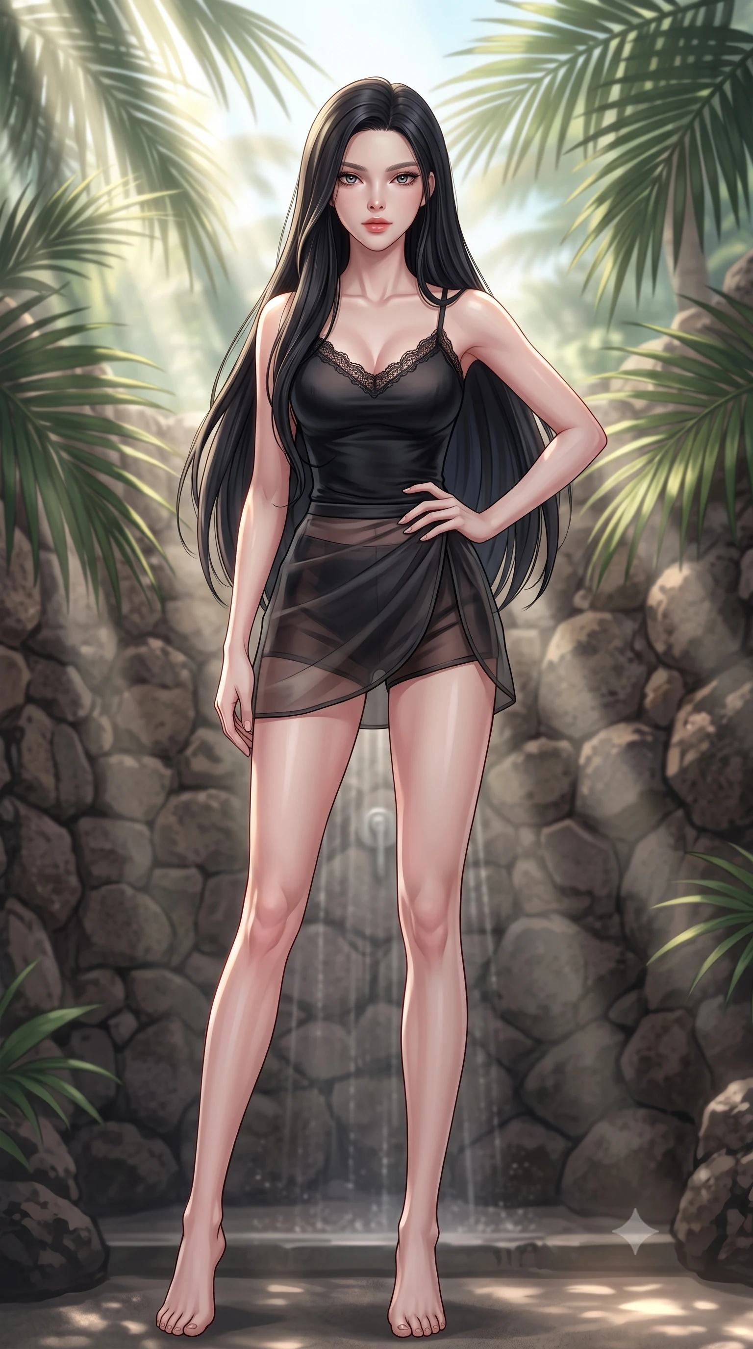 score_9, masterpiece, best quality, ultra-detailed, high-budget anime keyframe, tasteful artistic composition, Korean woman. low angle full-body shot from head to toe showing her feet, filling the entire 9:16 vertical frame with her statuesque presence, stretching her vertical silhouette. posing confidently with one hand on her hip, stretching her statuesque body to emphasize her curves the background shows a soft-focus a tropical outdoor villa shower built of volcanic rocks, surrounded by large palm leaves. She has an absolutely perfect, statuesque 8.5-heads proportion, an exceptionally tall and slender model-like female figure with impossibly long slender legs and an ultra-slim waist. sharp v-shaped jawline, high-bridge nose, intricate jewel-like eyes with depth, thick eyelashes, glossy lips with a natural sheen. wearing a body-hugging delicate lace-trim camisole in black silk, paired with a sheer organza wrap skirt and shorts. sun rays slicing through the palm fronds, creating dramatic volumetric shafts of light. highly saturated vibrant anime colors, cel-shading, 2d style, master piece, 9:16 ratio