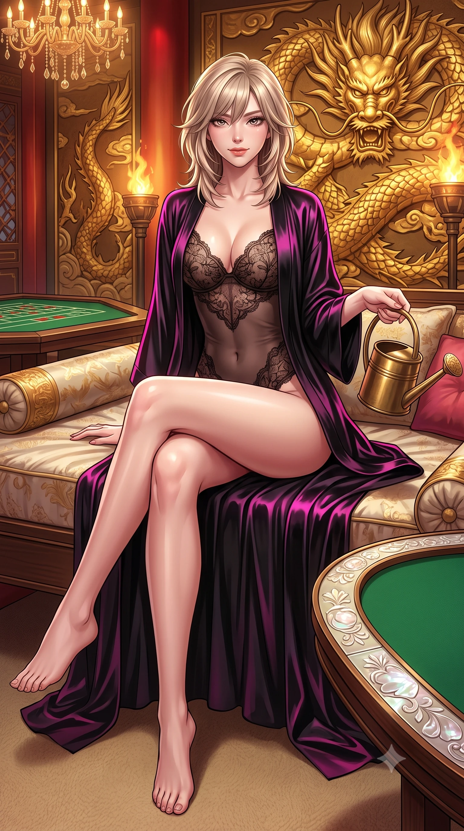 score_9, masterpiece, best quality, ultra-detailed, high-budget anime keyframe, semi-realistic 3D game render, editorial fashion photography, tasteful artistic composition, Japanese woman. low angle full-body shot from head to toe showing her feet, filling the entire 9:16 vertical frame with her statuesque presence, stretching her vertical silhouette. lounging on the lavish daybed with legs crossed and hips angled toward the camera, displaying her toned midriff and long slender limbs with effortless siren poise while twisting her slender torso in an alluring contrapposto stance beside the relief-carved golden dragon wall, torches illuminating her hourglass curves. The surrounding environment is rendered in vivid detail and crisp panoramic clarity: sharp gold-leaf scale carvings on the dragon mural, green felt table weave, and embossed mother-of-pearl plaque edges in deep focus. She has an absolutely perfect, statuesque 8.5-heads proportion, an exceptionally tall and slender model-like female figure with impossibly long slender legs, an ultra-slim waist, a flat toned midriff, narrow delicate ribcage, and beautifully sculpted feminine hips creating a graceful, slim hourglass silhouette without any bulky heaviness. sharp v-shaped jawline, high-bridge nose, sparkling eyes with hypnotic seductive depth, thick curled eyelashes, glossy parted lips with a natural dewy peach sheen, alluring bedroom-eyes with an enchanting coquettish smile, exuding magnetic siren charisma and sophisticated glamour, flawlessly proportioned anatomical accuracy, strict slender model proportions, natural body alignment, perfectly sculpted long slender limbs, ultra-slim waistline, clean dynamic posture without body distortion. wearing a delicate semi-sheer botanical lace teddy layered under an open lightweight linen kimono draped over bare shoulders in wet-look onyx black with electric magenta reflections, crafted from fluid liquid silk satin that clings smoothly to every curve with a dewy sheen, finished with an antique brass watering can held casually at her side, the second-skin tailored fabric adhering flawlessly to her sculpted flat midriff and slender torso, emphasizing her long leg lines and perfectly proportioned willowy build. bathed in warm 2700K incandescent crystal chandelier radiance mixed with red accent spotlights. highly saturated vibrant anime colors, detailed shading with soft gradients, rich glossy textures, high-contrast stereoscopic depth, volumetric dynamic lighting, master piece, 9:16 ratio