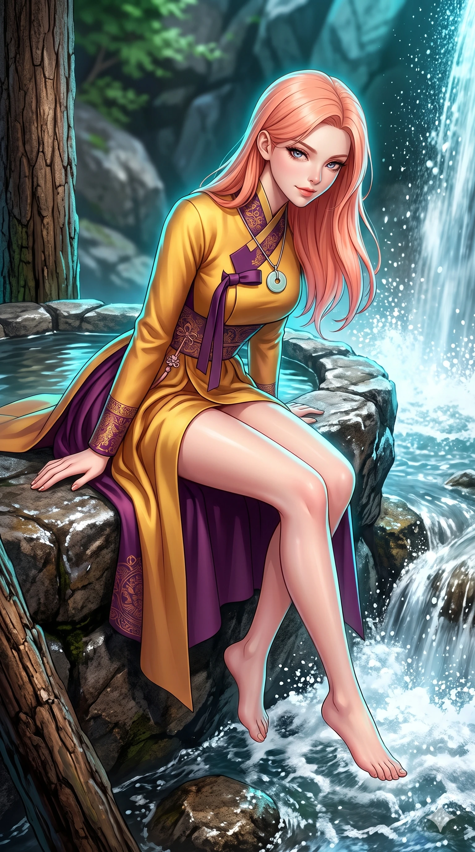 score_9, masterpiece, best quality, ultra-detailed, high-budget anime keyframe, semi-realistic 3D game render, editorial fashion photography, tasteful artistic composition, Japanese woman. close-up cowboy shot from the waist and thighs up, the character dominates the composition, filling the frame with her large presence. leaning forward while arching her lower back to accentuate her curvy hips, looking into the camera with an intoxicating smoldering gaze and bedroom-eyes while perched sideways on the natural rock ledge beside the stone water basin, legs dangling gracefully toward the bubbling mountain stream. The surrounding environment is rendered in vivid detail and crisp panoramic clarity: sharp falling water spray droplets, wet granite rock texture, and rustic pine post bark in deep focus. She has an exceptionally elegant, slender, and willowy female figure with an ultra-slim waist, flat toned midriff, narrow ribcage, and sculpted feminine hips creating an alluring, slim hourglass silhouette without bulk. sharp v-shaped jawline, high-bridge nose, sparkling eyes with hypnotic seductive depth, thick curled eyelashes, glossy parted lips with a natural dewy peach sheen, alluring bedroom-eyes with an enchanting coquettish smile, exuding magnetic siren charisma and sophisticated glamour, flawlessly proportioned anatomical accuracy, strict slender model proportions, natural body alignment, perfectly sculpted long slender limbs, ultra-slim waistline, clean dynamic posture without body distortion. wearing a bespoke high-neck modernized hanbok coat dress with an architectural collar and silk norigae knot tie in imperial gold and royal plum purple, tailored from heavy double-faced silk faille with an exceptionally fluid drape, finished with a minimalist celadon porcelain pendant on a fine silk cord, the bespoke structured tailoring following the natural line of her 8.5-heads silhouette with refined elegance. illuminated by waterfall foam bounce and sharp cyan-aquamarine rim lights sculpting her razor-sharp jawline, narrow waist, and curvy hips. highly saturated vibrant anime colors, detailed shading with soft gradients, rich glossy textures, high-contrast stereoscopic depth, volumetric dynamic lighting, master piece, 9:16 ratio