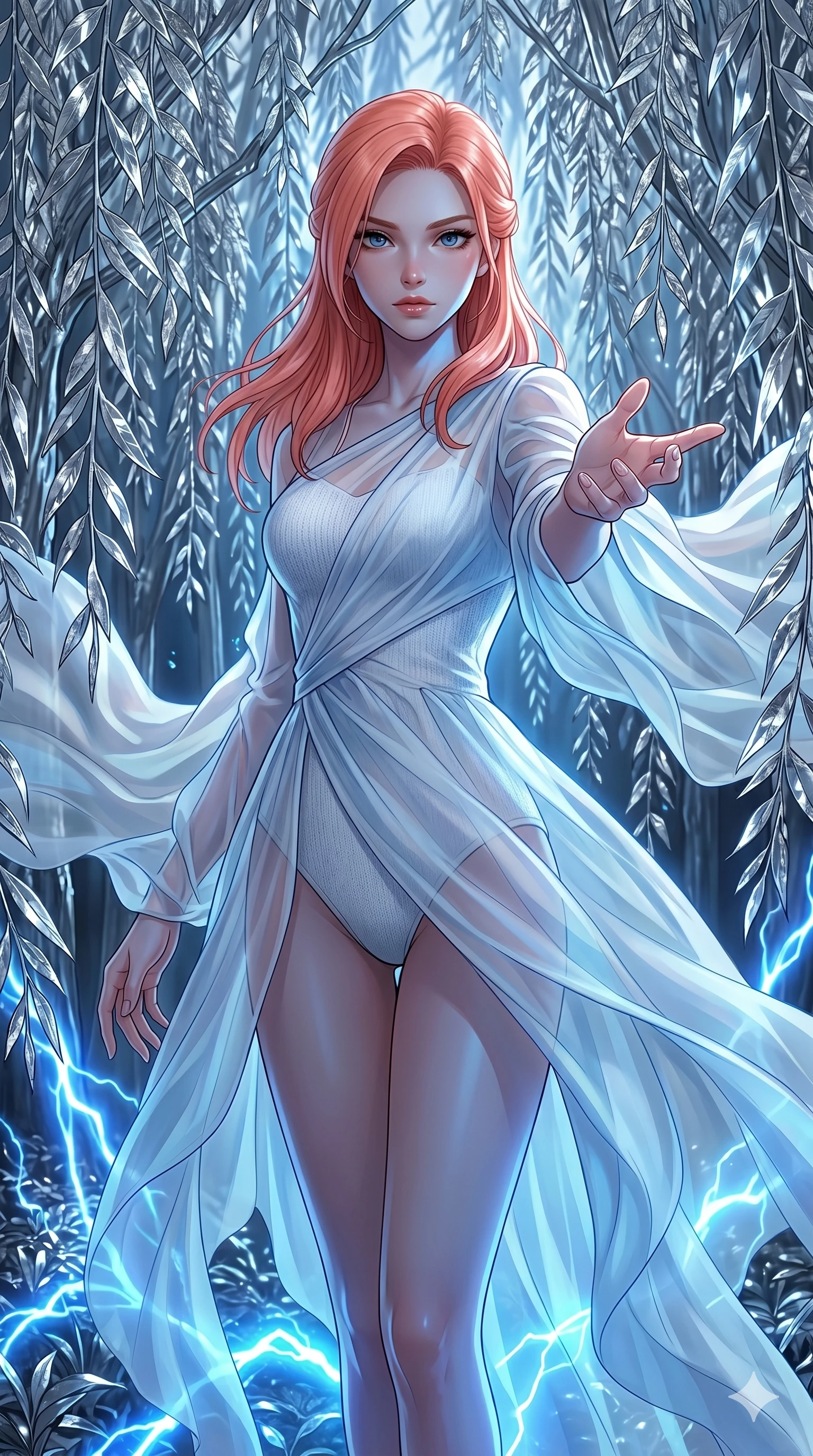 score_9, masterpiece, best quality, ultra-detailed, high-budget anime keyframe, editorial fashion photography, tasteful artistic composition, Japanese woman. cowboy shot from the thighs up, character and outfit filling the frame for maximum editorial presence. Reaching one hand toward the viewer with relaxed elegance within a glowing forest of metallic weeping willows with leaves made of silver foil. She has an absolutely perfect 8-heads proportion, an exceptionally tall and slender female figure with impossibly long slender legs and an ultra-slim waist. V-shaped jawline, high-bridge nose, intricate jewel-like eyes with depth, thick eyelashes, glossy lips with a natural sheen. wearing a fitted white knit bodysuit layered under an asymmetric draped overlay of translucent chiffon that flows dynamically with her movement. highlighted by pulsing electric blue plasma arc lighting from below, casting dramatic upward shadows. 2k, ultra detail, master piece, 9:16 ratio