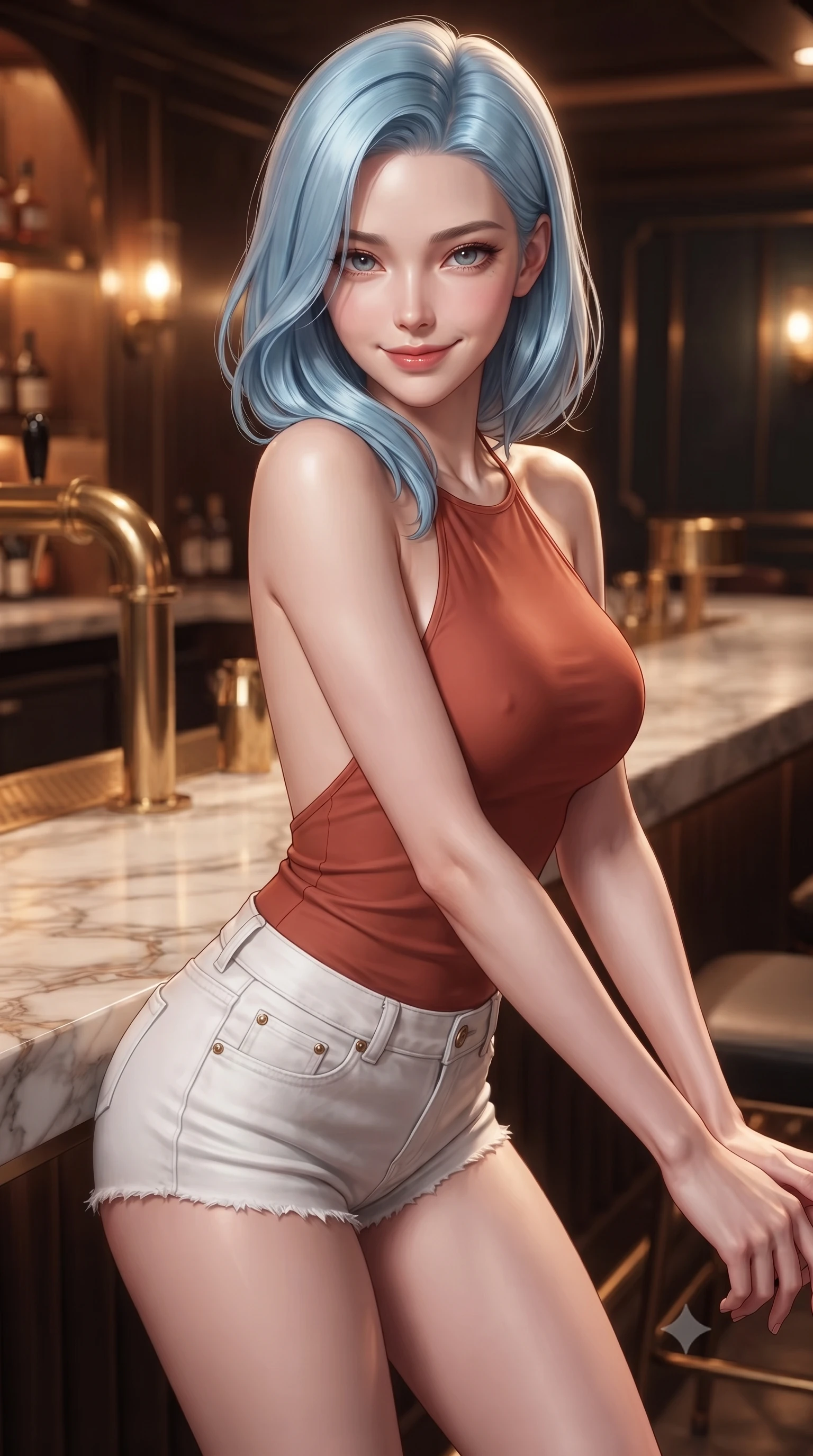 score_9, masterpiece, best quality, ultra-detailed, high-budget anime keyframe, editorial fashion photography, tasteful artistic composition, Korean woman. close-up cowboy shot from the waist and thighs up, the character dominates the composition, filling the frame with her large presence, background elements kept in soft focus. leaning slightly forward with a playful, teasing smile, her gaze locked onto the viewer the background shows a soft-focus a luxury lounge bar with marble counter tops and polished brass fixtures. She has an exceptionally elegant, slender, and willowy female figure with an ultra-slim waist, a gracefully sculpted slender torso, and a refined silhouette. sharp v-shaped jawline, high-bridge nose, intricate jewel-like eyes with depth, thick eyelashes, glossy lips with a natural sheen. wearing a body-hugging backless halter top in terracotta red, paired with white denim micro-shorts. warm amber ambient lighting reflecting off brass and crystal. ultra-reflective glossy finish, specular highlights, metallic sheen, high-contrast stereoscopic depth, volumetric dynamic lighting, 2k, ultra detail, master piece, 9:16 ratio