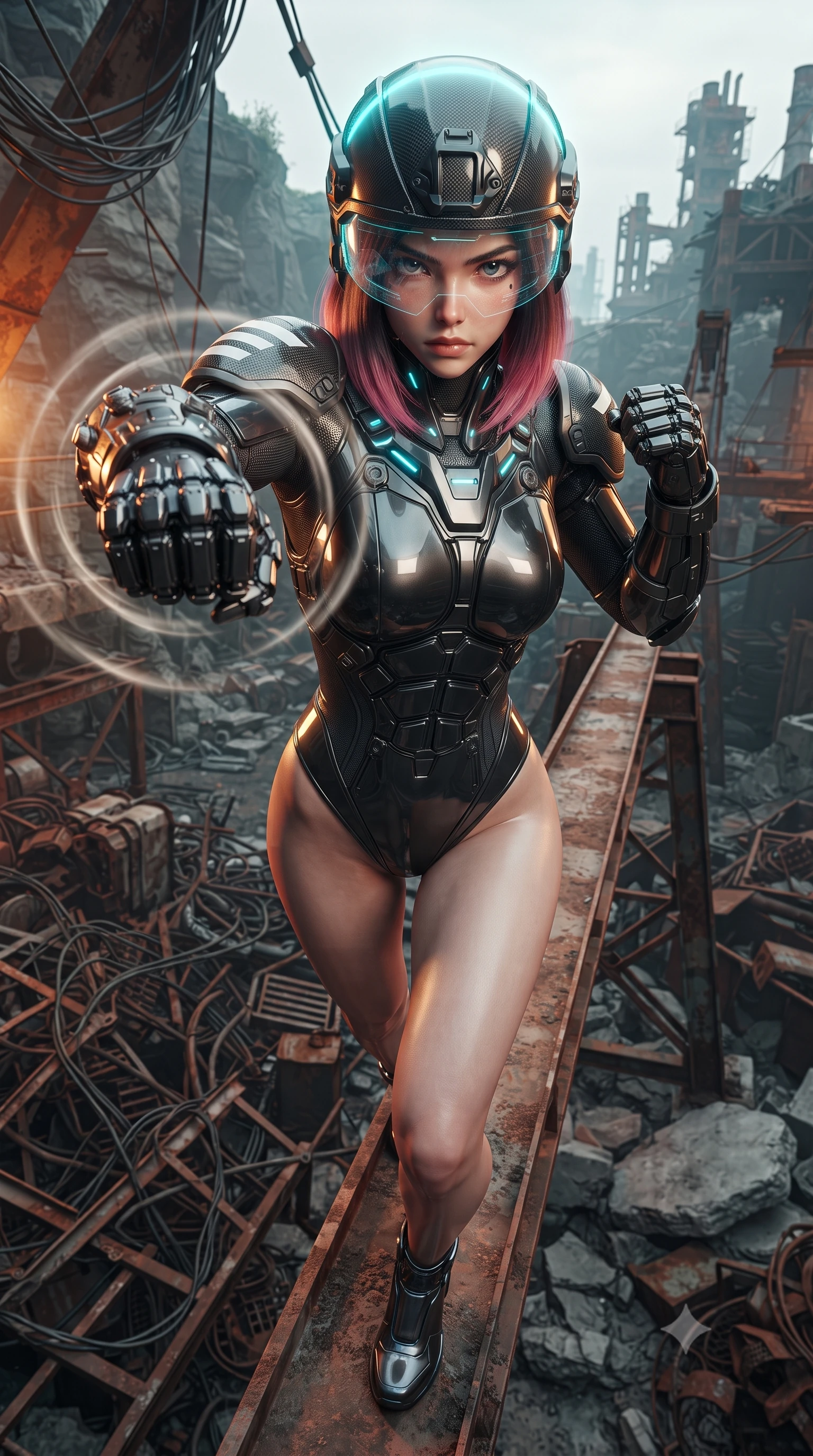 score_9, masterpiece, best quality, ultra-detailed, high-budget anime keyframe, editorial fashion photography, tasteful artistic composition, Korean woman. close-up cowboy shot from the waist and thighs up, the character dominates the composition, filling the frame with her large presence. thrusting a high-speed kinetic punch toward the camera, a visible conical shockwave distortion wrapping around her armored forearm while stepping along a narrow rusted crane beam suspended above the metal graveyard with supreme supermodel balance. The surrounding environment is rendered in vivid detail and crisp panoramic clarity. intricate knuckle shock-absorber joints, cavern stone strata, and wire bundles in high resolution. She has an exceptionally elegant, slender, and willowy female figure with an ultra-slim waist, a gracefully sculpted slender torso, toned flat midriff, and a refined slim silhouette. sharp v-shaped jawline, high-bridge nose, intricate jewel-like eyes with depth, thick eyelashes, glossy lips with a natural sheen, fierce and resolute heroine expression, flawlessly proportioned anatomical accuracy, strict slender model proportions, natural body alignment, perfectly sculpted long slender limbs, ultra-slim waistline, clean dynamic posture without body distortion. wearing an open-face aerodynamic carbon-fiber combat helmet with a retracted transparent holographic HUD visor framing her sharp jawline and jewel-like eyes, paired with a heavy modular carbon-fiber combat cuirass paired with a second-skin tactical leotard and reinforced titanium shoulder pauldrons in storm-grey carbon mesh with high-contrast white hazard stripes, formed from high-gloss patent carbon-plating with specular dystopian chiaroscuro reflections, featuring a sleek aerodynamic collar framed by subtle glowing cybernetic status LEDs, the glove-like aerodynamic second-skin fit tightly clinging to her ultra-slender waist and athletic curves without adding bulk, accentuating her razor-sharp statuesque lines and slim hourglass silhouette. bathed in atmospheric amber emergency lighting and pulsing cyan sonar crown glow. ultra-reflective glossy finish, specular highlights, dark metallic sheen, high-contrast stereoscopic depth, volumetric dynamic lighting, 2k, ultra detail, master piece, 9:16 ratio
