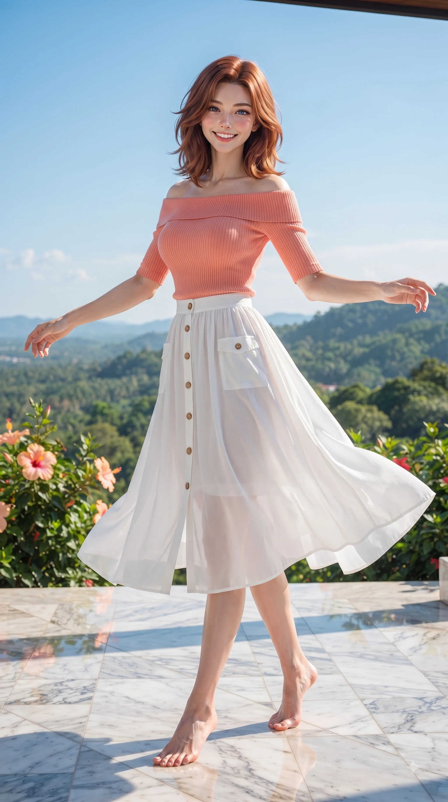 score_9, masterpiece, best quality, ultra-detailed, high-budget anime keyframe, editorial fashion photography, tasteful artistic composition, Korean woman. low angle full-body shot from head to toe showing her feet, filling the entire 9:16 vertical frame with her statuesque presence, stretching her vertical silhouette. performing a cheerful mid-motion turn with flawless poise, her radiant smile capturing fresh girlhood energy while pivoting dynamically on an open-air resort terrace with a breathtaking view of lush green hills. The surrounding environment is rendered in vivid detail and crisp panoramic clarity. detailed marble poolside tiles, blooming hibiscus flowers, and clear blue sky captured in crisp resolution. She has an absolutely perfect, statuesque 8.5-heads proportion, an exceptionally tall and slender model-like female figure with impossibly long slender legs and an ultra-slim waist. sharp v-shaped jawline, high-bridge nose, intricate jewel-like eyes with depth, thick eyelashes, glossy lips with a natural sheen, flawlessly proportioned anatomical accuracy, natural body alignment, perfectly sculpted elegant limbs, clean dynamic posture without body distortion. wearing a soft coral off-shoulder ribbed knit top paired with a flowy white A-line midi skirt in baby blue and cloud white, made of fine lightweight chiffon that flutters gently in the breeze, finished with neat front wooden buttons and pocket details, the soft airy drape swaying gracefully with her dynamic movements. bathed in bright tropical sunshine and glittering pool water refractions. ultra-reflective glossy finish, specular highlights, metallic sheen, high-contrast stereoscopic depth, volumetric dynamic lighting, 2k, ultra detail, master piece, 9:16 ratio