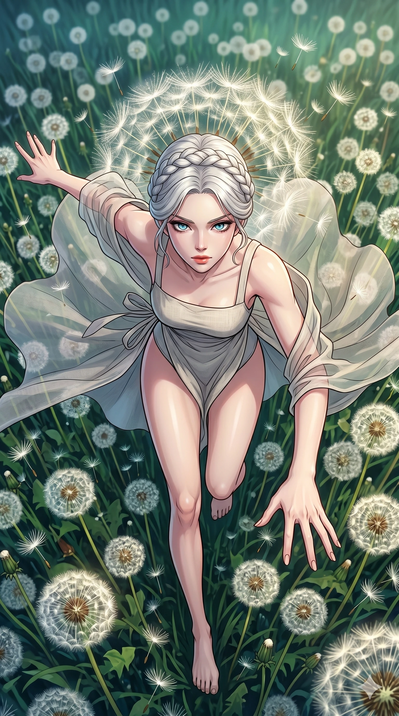 score_9, masterpiece, best quality, ultra-detailed, high-budget anime movie keyframe, cinematic anime lighting, intricate line art, Korean woman. Extreme high angle shot as she leaps towards the camera, filling the frame. collapsing in a field of dandelions as their seeds form a crown. She has an absolutely perfect 8-heads proportion, an exceptionally tall and slender female figure with an ultra-slim waist and impossibly long slender legs. strictly human anatomy, two legs only, no extra limbs, clearly defined legs and arms, perfect anatomy, perfect hands and fingers. sharp v-shaped jawline, high-bridge nose, intricate jewel-like eyes, thick eyelashes, glossy lips. Wearing Seasonal/Resort: High-cut one-piece with sarong, linen sundress with tie-back, and sheer fabric wrap. The scene is illuminated by dramatic atmospheric lighting and vibrant color palettes. , 2k, ultra detail, master piece, 9:16 ratio
