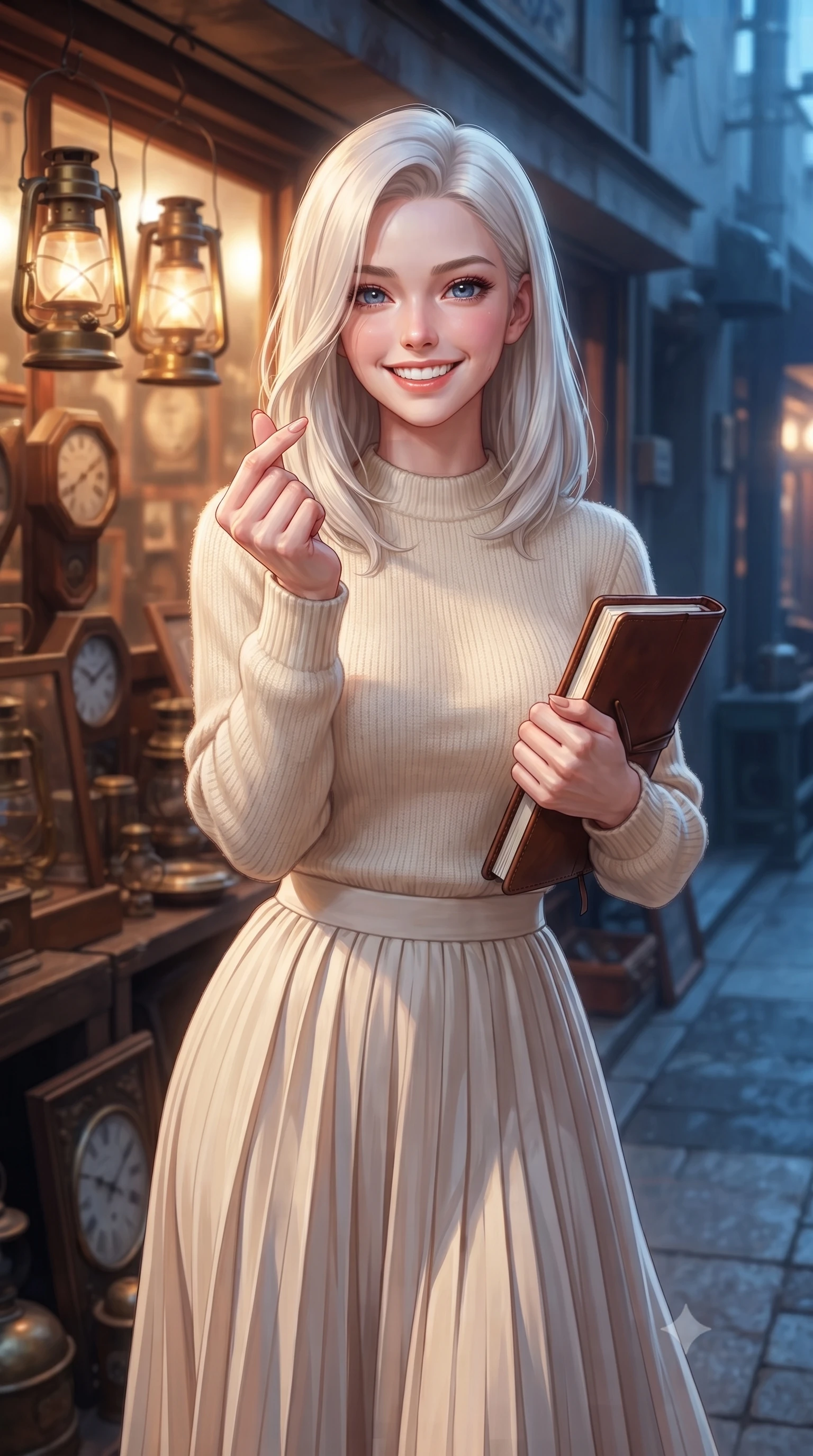 score_9, masterpiece, best quality, ultra-detailed, high-budget anime keyframe, editorial fashion photography, tasteful artistic composition, Caucasian woman. close-up cowboy shot from the waist and thighs up, the character dominates the composition, filling the frame with her large presence, background elements kept in soft focus. flashing a bright, sunny grin, holding her fingers in a cute small heart shape set against a soft-focus background of outside a small antique shop displaying old brass lanterns and clocks holding a classic leather notebook bought from the stationery shop. She has an exceptionally elegant, slender, and willowy female figure with an ultra-slim waist, a gracefully sculpted slender torso, and a refined silhouette. sharp v-shaped jawline, high-bridge nose, intricate jewel-like eyes with depth, thick eyelashes, glossy lips with a natural sheen. wearing form-contouring cozy knit sweater in cream, paired with a flowy pleated midi skirt. warm glow from the shop windows clashing with the cool blue alley shadows. ultra-reflective glossy finish, specular highlights, metallic sheen, high-contrast stereoscopic depth, volumetric dynamic lighting, 2k, ultra detail, master piece, 9:16 ratio