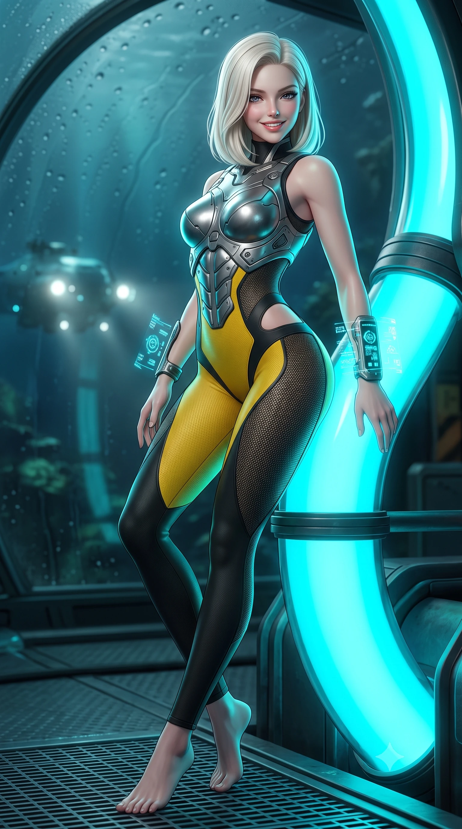 score_9, masterpiece, best quality, ultra-detailed, high-budget anime keyframe, semi-realistic 3D game render, editorial fashion photography, tasteful artistic composition, Caucasian woman. low angle full-body shot from head to toe showing her feet, filling the entire 9:16 vertical frame with her statuesque presence, stretching her vertical silhouette. leaning deep against the glowing energy conduit with hips cocked back in an unapologetically alluring high-fashion stance, flashing a warm beaming smile while twisting her slender torso in an alluring contrapposto stance, deep-sea bioluminescence playing across her narrow waist and rounded hips. The background shows a soft-focus condensation beads on curved dome glass and distant research submarine headlights softened in moody aquatic shallow focus. She has an absolutely perfect, statuesque 8.5-heads proportion, an exceptionally tall and slender model-like female figure with impossibly long slender legs, an ultra-slim waist, a flat toned midriff, narrow delicate ribcage, and beautifully sculpted feminine hips creating a graceful, slim hourglass silhouette without any bulky heaviness. sharp v-shaped jawline, high-bridge nose, intricate jewel-like sparkling eyes with depth, thick eyelashes, glossy parted lips with a natural sheen, bright confident smile with an enchanting and coquettish sensual glint, exuding both youthful magnetic charm and sovereign high-tech allure, flawlessly proportioned anatomical accuracy, strict slender model proportions, natural body alignment, perfectly sculpted long slender limbs, ultra-slim waistline, clean dynamic posture without body distortion. wearing a sculpted titanium-alloy breastplate bodice worn over an ultra-tight matte stretch bodysuit with side hip cutouts in industrial hazard yellow and matte carbon black, woven from delicate semi-opaque high-tensile nano-mesh with intricate hexagonal micro-patterns, featuring sleek glowing cyan HUD display wrist cuffs with floating data telemetry, the form-contouring cut accentuating her sculpted flat midriff, narrow delicate ribcage, and gracefully curvy hips with cybernetic supermodel precision. illuminated by external submarine floodlights and sharp cyan rim lights carving her razor-sharp jawline, narrow waist, and curvy hips. highly saturated vibrant anime colors, detailed shading with soft gradients, rich glossy textures, high-contrast stereoscopic depth, volumetric dynamic lighting, master piece, 9:16 ratio