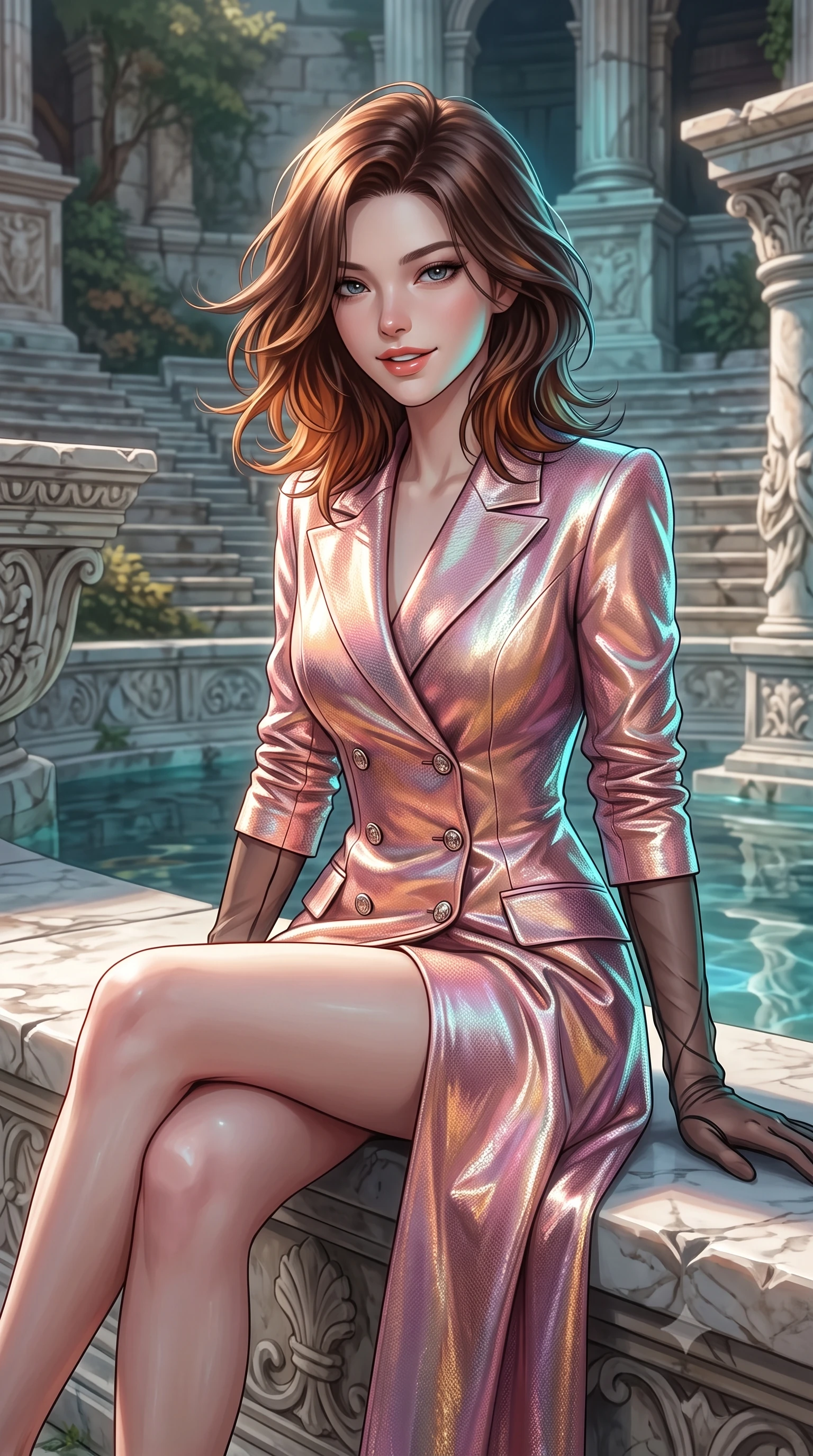 score_9, masterpiece, best quality, ultra-detailed, high-budget anime keyframe, editorial fashion photography, tasteful artistic composition, Korean woman. close-up cowboy shot from the waist and thighs up, the character dominates the composition, filling the frame with her large presence. turning slowly with an enchanting smoldering smile, her glossy hair tossing in the breeze as her hips angle gracefully in a captivating contrapposto while sitting gracefully on the carved marble tier with legs crossed, flashing an enchanting smile with parted glossy lips. The surrounding environment is rendered in vivid detail and crisp panoramic clarity: detailed garment drape, high-gloss wet-look sheen, and grand sunken amphitheater architecture in high resolution. She has an exceptionally elegant, slender, and willowy female figure with an ultra-slim waist, flat toned midriff, narrow ribcage, and sculpted feminine hips creating an alluring, slim hourglass silhouette without bulk. sharp v-shaped jawline, high-bridge nose, intricate jewel-like sparkling eyes with depth, thick eyelashes, glossy parted lips with a natural peach sheen, bright cheerful beaming smile with an enchanting and coquettish sensual glint, exuding both youthful cute charm and seductive allure, flawlessly proportioned anatomical accuracy, strict slender model proportions, natural body alignment, perfectly sculpted long slender limbs, ultra-slim waistline, clean dynamic posture without body distortion. wearing a tailored double-breasted iridescent silk lamé coat dress with metallic button closures in Solaris liquid rose-quartz and alien peach, woven from structured carbon-fiber jacquard with rich textural depth, complemented by sheer opera-length evening gloves tracing her slender arms, the bespoke structured tailoring following the natural line of her 8.5-heads silhouette with refined elegance. illuminated by submerged marble reflection bounce and sharp aquamarine rim lights defining her jawline, narrow waist, and curvy hips. ultra-reflective glossy finish, specular highlights, rich textural contrasts, high-contrast stereoscopic depth, volumetric dynamic lighting, 2k, ultra detail, master piece, 9:16 ratio