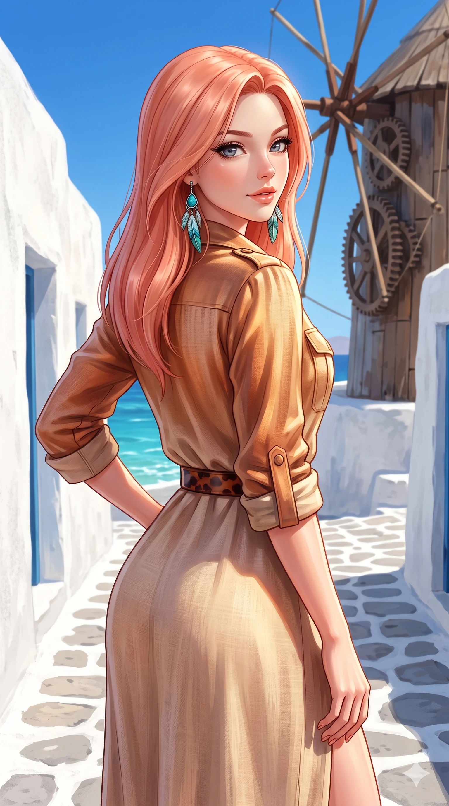 score_9, masterpiece, best quality, ultra-detailed, high-budget anime keyframe, semi-realistic 3D game render, editorial fashion photography, tasteful artistic composition, Japanese woman. close-up cowboy shot from the waist and thighs up, the character dominates the composition, filling the frame with her large presence. posing in an alluring rear three-quarter angle, looking over a bare shoulder with parted glossy lips, her hips cocked back to highlight her slim hourglass curve while walking slowly down the whitewashed cobblestone path with hypnotic grace, hips swaying in an alluring sensual rhythm that accentuates her curvy hourglass silhouette. The surrounding environment is rendered in vivid detail and crisp panoramic clarity: sharp stucco whitewash wall texture, rustic wooden windmill gear wheels, and turquoise sea foam clarity in deep focus. She has an exceptionally elegant, slender, and willowy female figure with an ultra-slim waist, flat toned midriff, narrow ribcage, and sculpted feminine hips creating an alluring, slim hourglass silhouette without bulk. sharp v-shaped jawline, high-bridge nose, sparkling eyes with hypnotic seductive depth, thick curled eyelashes, glossy parted lips with a natural dewy peach sheen, alluring bedroom-eyes with an enchanting coquettish smile, exuding magnetic siren charisma and sophisticated glamour, flawlessly proportioned anatomical accuracy, strict slender model proportions, natural body alignment, perfectly sculpted long slender limbs, ultra-slim waistline, clean dynamic posture without body distortion. wearing a refined long-sleeve linen safari shirt dress with structured tortoise belt and rolled sleeves in molten metallic copper and radiant beach sand, woven from bespoke sun-bleached selvedge linen with rich tactile slub texture, accented with turquoise and silver bohemian feather earrings swaying near her bare neck, the bespoke structured tailoring following the natural line of her 8.5-heads silhouette with refined elegance. bathed in the blinding, high-key Aegean daylight reflecting brilliantly off chalk-white stucco walls with crisp azure sky contrast. highly saturated vibrant anime colors, detailed shading with soft gradients, rich glossy textures, high-contrast stereoscopic depth, volumetric dynamic lighting, master piece, 9:16 ratio