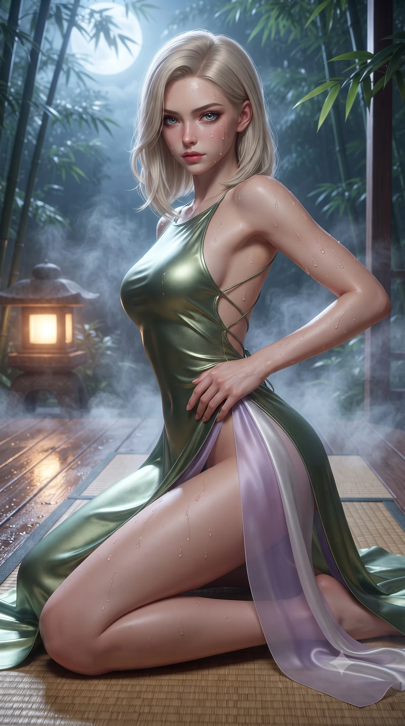 score_9, masterpiece, best quality, ultra-detailed, high-budget anime keyframe, editorial fashion photography, tasteful artistic composition, Caucasian woman. close-up cowboy shot from the waist and thighs up, the character dominates the composition, filling the frame with her large presence. leaning back with relaxed seductive grace, her sculpted collarbones and narrow waist highlighted as she casts smoldering bedroom-eyes directly into the camera while kneeling gracefully on the warm tatami deck beside a glowing stone lantern, one hand resting on her bare hip as cool river mist curls around her. The surrounding environment is rendered in vivid detail and crisp panoramic clarity. sharp wet hinoki wood grain, distinct water droplet tracks on skin, and bamboo leaf venation in deep focus. She has an exceptionally elegant, slender, and willowy female figure with an ultra-slim waist, a gracefully sculpted slender torso, toned flat midriff, and rounded feminine hips creating an alluring hourglass silhouette. sharp v-shaped jawline, high-bridge nose, intricate jewel-like eyes with depth, thick eyelashes, glossy parted lips with a natural sheen, intensely captivating and seductive bedroom-eyes expression, flawlessly proportioned anatomical accuracy, strict slender model proportions, natural body alignment, perfectly sculpted long slender limbs, ultra-slim waistline, clean dynamic posture without body distortion. wearing a liquid metallic bamboo-green gown with open side slits ascending to the high hip in ethereal lilac mist and pearlescent white, made of liquid bamboo jersey adhering seamlessly to her slender frame, finished with a dramatic open back framed by criss-cross delicate silk cords, the dramatically scooped open back descending to the base of her spine, accentuating her razor-sharp statuesque lines and curvy hourglass silhouette. bathed in cool silver full-moon light streaming through the bamboo canopy and warm amber lantern downlights. ultra-reflective glossy finish, specular highlights, rich textural contrasts, high-contrast stereoscopic depth, volumetric dynamic lighting, 2k, ultra detail, master piece, 9:16 ratio