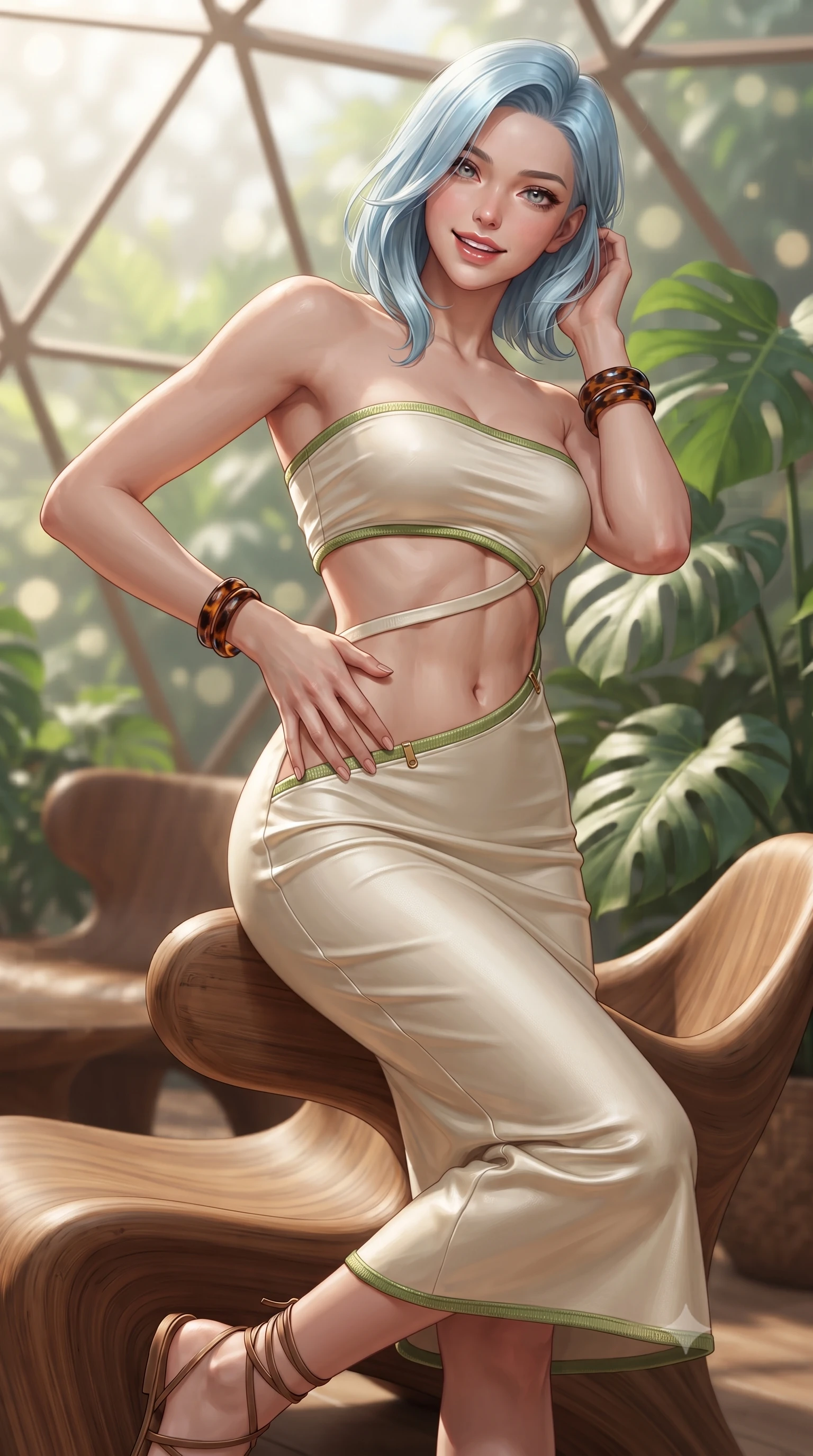 score_9, masterpiece, best quality, ultra-detailed, high-budget anime keyframe, editorial fashion photography, tasteful artistic composition, Korean woman. close-up cowboy shot from the waist and thighs up, the character dominates the composition, filling the frame with her large presence. arching her spine in an alluring serpentine S-curve, one hand resting on her waist with parted glossy lips and an intensely magnetic gaze while leaning back against sculpted ergonomic teak furniture surrounded by giant monstera leaves, smiling with radiant warmth. The composition keeps background elements in soft focus with creamy bokeh. geometric solar dome facets and lush exotic tropical foliage blurred into radiant emerald, lime, and warm honey bokeh. She has an exceptionally elegant, slender, and willowy female figure with an ultra-slim waist, a gracefully sculpted slender torso, toned flat midriff, and a refined slim silhouette. sharp v-shaped jawline, high-bridge nose, intricate jewel-like eyes with depth, thick eyelashes, glossy parted lips with a natural sheen, intensely captivating and seductive expression, flawlessly proportioned anatomical accuracy, strict slender model proportions, natural body alignment, perfectly sculpted long slender limbs, ultra-slim waistline, clean dynamic posture without body distortion. wearing a minimalist sculpted ivory tube dress with curved diagonal midriff cutouts and brass hardware in fresh palm green and liquid gold trim, woven from fine organic mulberry silk with metallic gold thread, accessorized with minimalist leather wrap sandals and tortoise shell bangles, the lightweight liquid-knit fabric adhering like a second skin to her slender frame, highlighting her effortless sun-kissed charm. surrounded by an optimistic, radiant, and breathlessly beautiful eco-utopian goddess aura. ultra-reflective glossy finish, specular highlights, rich textural contrasts, high-contrast stereoscopic depth, volumetric dynamic lighting, 2k, ultra detail, master piece, 9:16 ratio
