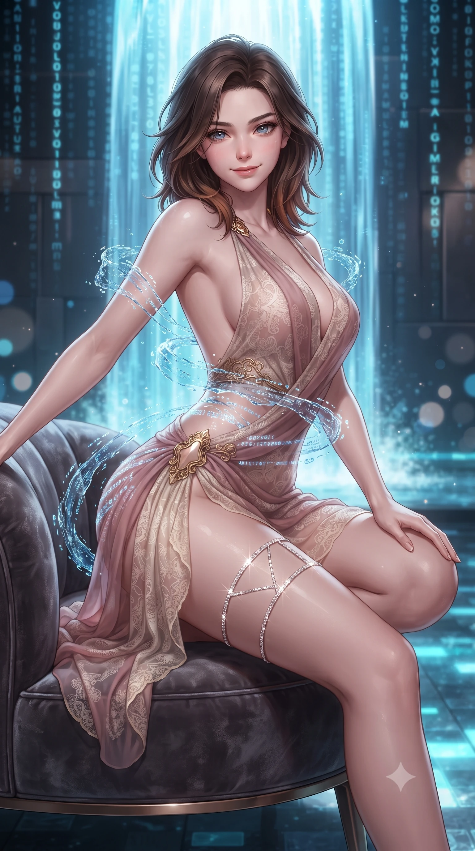 score_9, masterpiece, best quality, ultra-detailed, high-budget anime keyframe, editorial fashion photography, tasteful artistic composition, Korean woman. close-up cowboy shot from the waist and thighs up, the character dominates the composition, filling the frame with her large presence. perched sideways on the lounge seat, one knee drawn up to showcase her slender leg line while her arched back accentuates her feminine hip curve while twisting her slender torso in an alluring S-curve, cascading blue holographic water data streams tracing her flat midriff, waist, and hips. The background shows a soft-focus cascading digital waterfall code streams, dark titanium wall panels, and glowing aquatic floor tiles blurred into electric blue, cyan, and charcoal bokeh. She has an exceptionally elegant, slender, and willowy female figure with an ultra-slim waist, flat toned midriff, narrow ribcage, and sculpted feminine hips creating an alluring, slim hourglass silhouette without bulk. sharp v-shaped jawline, high-bridge nose, sparkling eyes with hypnotic seductive depth, thick curled eyelashes, glossy parted lips with a natural dewy peach sheen, alluring bedroom-eyes with an enchanting coquettish smile, exuding magnetic siren charisma and sophisticated glamour, flawlessly proportioned anatomical accuracy, strict slender model proportions, natural body alignment, perfectly sculpted long slender limbs, ultra-slim waistline, clean dynamic posture without body distortion. wearing a draped Greek-goddess style silk chiffon mini toga dress with an open back and golden hip fibula in dusky blush pink and warm ivory lace, made of sheer gossamer chiffon that drapes softly against skin with airy translucence, finished with delicate crystal-encrusted thigh garter straps glinting in the dim light, the liquid-tight tailored fabric clinging flawlessly to her narrow waist and rounded feminine hips, emphasizing every millimeter of her sculpted slim hourglass curves without any bulky heaviness. bathed in brilliant cascading cyan and white light radiating from the monumental holographic waterfall. ultra-reflective glossy finish, specular highlights, rich textural contrasts, high-contrast stereoscopic depth, volumetric dynamic lighting, 2k, ultra detail, master piece, 9:16 ratio