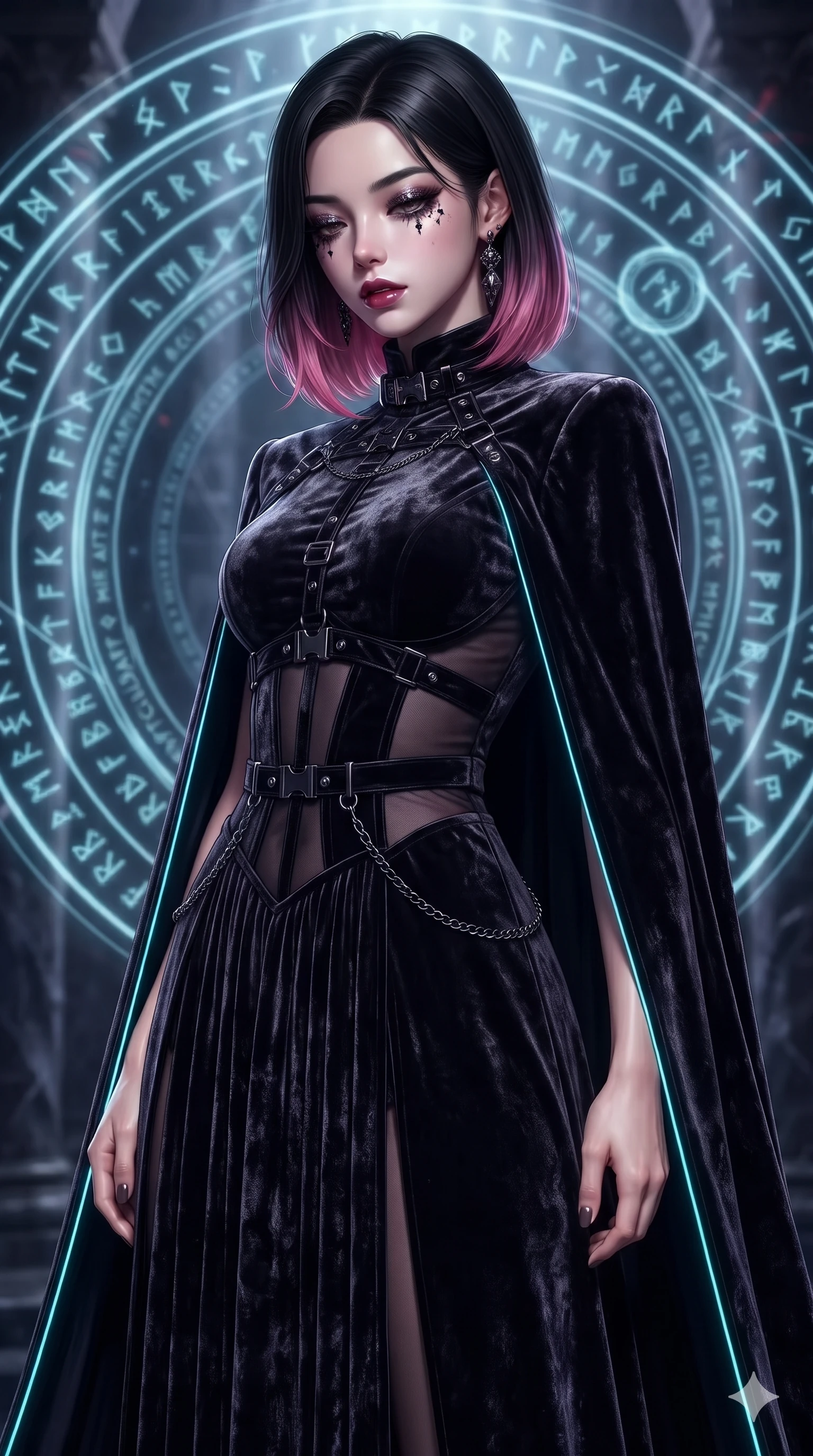 score_9, masterpiece, best quality, ultra-detailed, high-budget anime keyframe, editorial fashion photography, tasteful artistic composition, Korean woman. close-up cowboy shot from the waist and thighs up, the character dominates the composition, filling the frame with her large presence. looking down with lowered lashes and a composed, powerful dark aura, her tailored outfit tracing her curves while standing before a glowing holographic ritual circle projecting runic script onto cold air, arching her spine with ethereal occult siren poise. The background shows a soft-focus intricate revolving holographic spell circles, archaic runic glyphs floating in cold air, and ancient obsidian columns blurred into cyan, amethyst, and obsidian bokeh. She has an exceptionally elegant, slender, and willowy female figure with an ultra-slim waist, flat toned midriff, narrow ribcage, and sculpted feminine hips creating an alluring, slim hourglass silhouette without bulk. sharp v-shaped jawline, high-bridge nose, intricate jewel-like dark sparkling eyes with hypnotic seductive depth, thick curled eyelashes, glossy parted lips with a natural wine sheen, alluring bedroom-eyes with an enigmatic smoldering smile, exuding magnetic sovereign charisma and dark avant-garde glamour, flawlessly proportioned anatomical accuracy, strict slender model proportions, natural body alignment, perfectly sculpted long slender limbs, ultra-slim waistline, clean dynamic posture without body distortion. wearing a high-neck liquid satin evening cape gown with modest pleated column skirt in neon cyan edge-glow and dark carbon black, tailored from crushed dark velvet with deep light-absorbing plush texture, framed by dark titanium buckles and silver chain details, accentuating her gracefully sculpted slender torso and statuesque proportions. illuminated by intense radiant neon cyan and ultraviolet holographic projections contrasting with pitch-black stone. ultra-reflective glossy finish, specular highlights, metallic sheen, high-contrast stereoscopic depth, volumetric dynamic lighting, 2k, ultra detail, master piece, 9:16 ratio