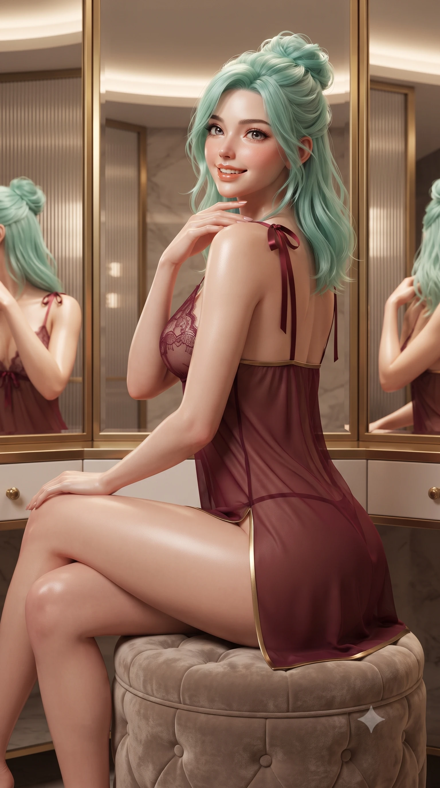 score_9, masterpiece, best quality, ultra-detailed, high-budget anime keyframe, editorial fashion photography, tasteful artistic composition, Japanese woman. close-up cowboy shot from the waist and thighs up, the character dominates the composition, filling the frame with her large presence. posing in an alluring rear three-quarter angle, looking over a bare shoulder with parted glossy lips, her hips cocked back to highlight her slim hourglass curve while sitting gracefully on the vanity stool with legs crossed, running one manicured hand slowly along her neck with effortless magnetic allure. The surrounding environment is rendered in vivid detail and crisp panoramic clarity: sharp brushed brass vitrine frames, backlit fluted glass panels, and bevelled mirror seams in deep focus. She has an exceptionally elegant, slender, and willowy female figure with an ultra-slim waist, flat toned midriff, narrow ribcage, and sculpted feminine hips creating an alluring, slim hourglass silhouette without bulk. sharp v-shaped jawline, high-bridge nose, intricate jewel-like sparkling eyes with depth, thick eyelashes, glossy parted lips with a natural peach sheen, bright cheerful beaming smile with an enchanting and coquettish sensual glint, exuding both youthful cute charm and seductive allure, flawlessly proportioned anatomical accuracy, strict slender model proportions, natural body alignment, perfectly sculpted long slender limbs, ultra-slim waistline, clean dynamic posture without body distortion. wearing an alluring sheer silk chiffon slip with delicate eyelash lace cups and high side leg slits in French boudoir bordeaux wine and gilded bronze, made of fluid liquid jersey with seamless sculpting hold and smooth contours, finished with satin ribbon ties at the shoulders fluttering in the gentle breeze, the second-skin tailored fabric adhering flawlessly to her sculpted flat midriff and slender torso, emphasizing her long leg lines and perfectly proportioned willowy build. bathed in 3000K warm-white architectural LED vitrine lighting and soft cove perimeter illumination. ultra-reflective glossy finish, specular highlights, rich textural contrasts, high-contrast stereoscopic depth, volumetric dynamic lighting, 2k, ultra detail, master piece, 9:16 ratio