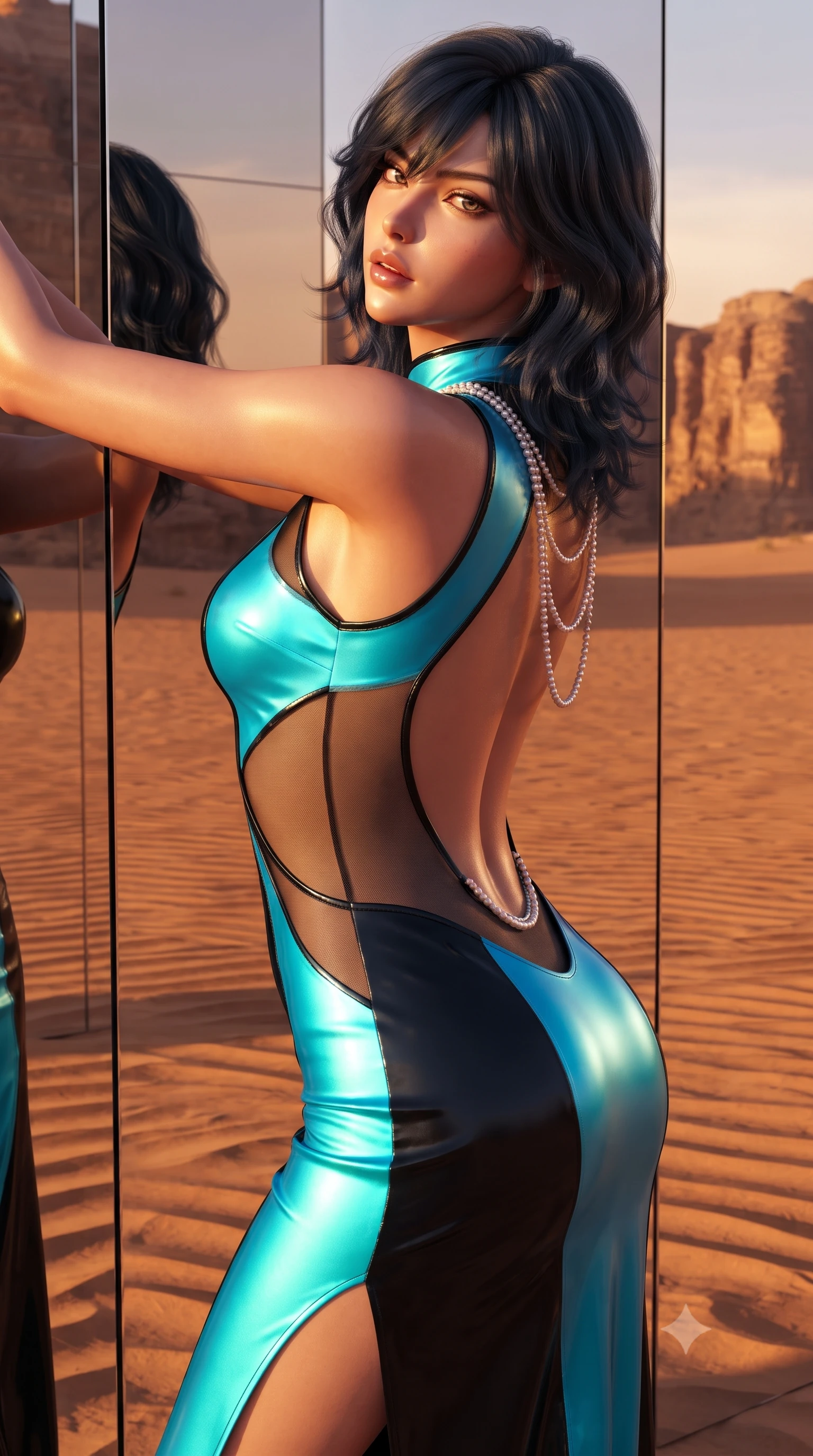 score_9, masterpiece, best quality, ultra-detailed, high-budget anime keyframe, semi-realistic 3D game render, editorial fashion photography, tasteful artistic composition, Caucasian woman. close-up cowboy shot from the waist and thighs up, the character dominates the composition, filling the frame with her large presence. turning over a bare shoulder with an intoxicating, teasing smile, her soft hair framing her sharp jawline as her hips angle gracefully while leaning back against the mirror-smooth wall with hips cocked, casting an enigmatic, sultry bedroom-gaze into the infinite desert reflections. The surrounding environment is rendered in vivid detail and crisp panoramic clarity. sharp desert sand ripple crests, mirror panel seam joints, and sandstone cliff striations in deep focus. She has an exceptionally elegant, slender, and willowy female figure with an ultra-slim waist, flat toned midriff, narrow ribcage, and sculpted feminine hips creating an alluring, slim hourglass silhouette without bulk. sharp v-shaped jawline, high-bridge nose, intricate jewel-like eyes with depth, thick eyelashes, glossy parted lips with a natural sheen, intensely captivating and seductive bedroom-eyes expression, flawlessly proportioned anatomical accuracy, strict slender model proportions, natural body alignment, perfectly sculpted long slender limbs, ultra-slim waistline, clean dynamic posture without body distortion. wearing a wet-look silk fusion wrap dress with asymmetrical sheer mesh cutouts and high Mandarin collar in neon electric cyan and lacquer black, woven from layered gossamer chiffon with a weightless sweeping drape, accented with a multi-strand pearl back necklace cascading down her bare spine to her hips, the dramatically scooped open back descending to the base of her spine, accentuating her razor-sharp statuesque lines and slim hourglass silhouette. illuminated by mirror-bounce sunset rays sharply defining her sculpted collarbones, ultra-slim waist, and curvy hips. highly saturated vibrant anime colors, detailed shading with soft gradients, rich glossy textures, high-contrast stereoscopic depth, volumetric dynamic lighting, master piece, 9:16 ratio