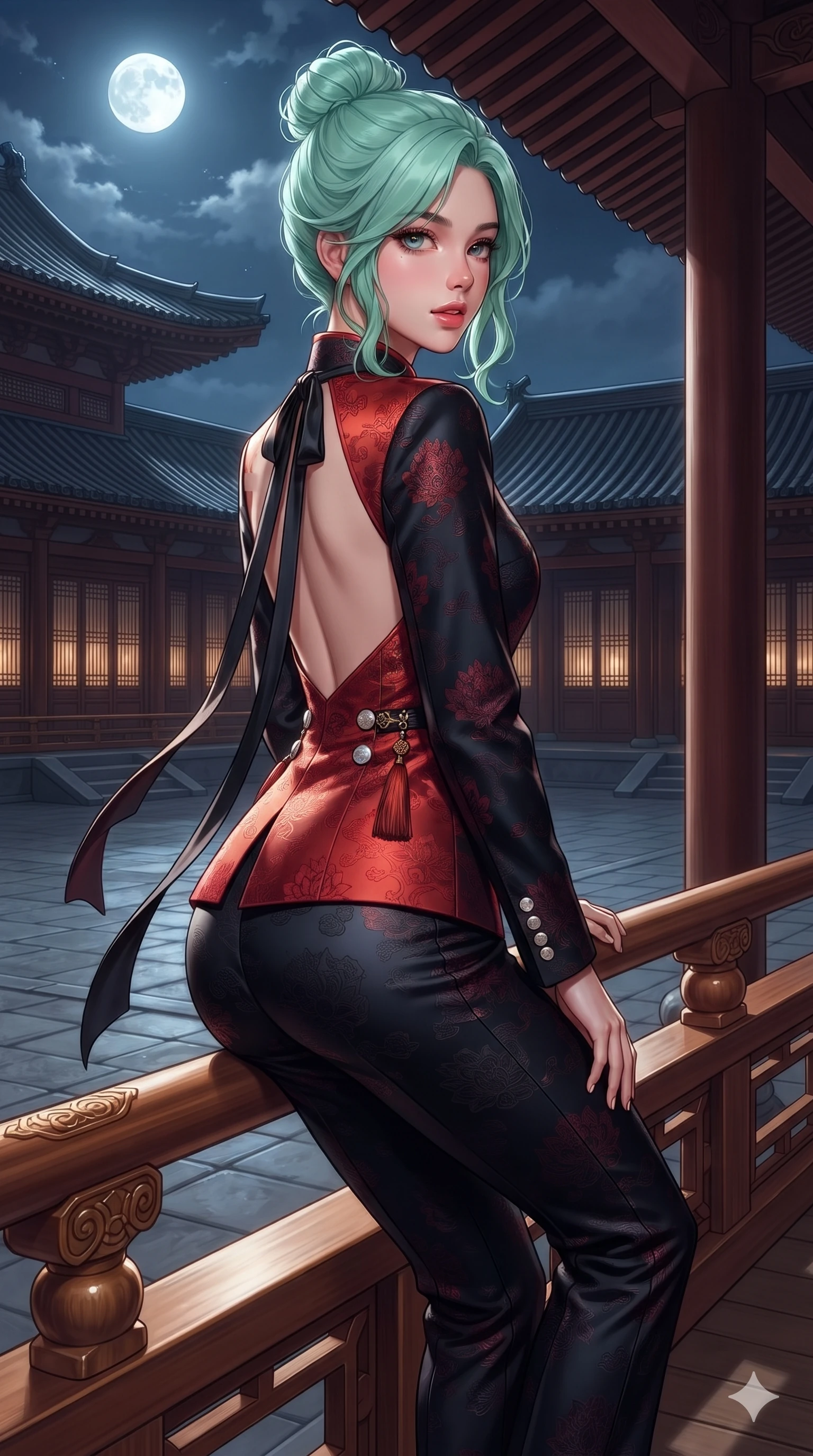 score_9, masterpiece, best quality, ultra-detailed, high-budget anime keyframe, editorial fashion photography, tasteful artistic composition, Japanese woman. close-up cowboy shot from the waist and thighs up, the character dominates the composition, filling the frame with her large presence. posing in an alluring rear three-quarter angle, looking over a bare shoulder with parted glossy lips, her hips cocked back to highlight her slim hourglass curve while sitting poised on the polished wooden railing with one knee bent, arching her spine with supermodel elegance against the moonlit courtyard. The surrounding environment is rendered in vivid detail and crisp panoramic clarity: detailed backless silk halter leotard tailoring, norigae tassel accents, and royal pavilion architecture in razor-sharp precision. She has an exceptionally elegant, slender, and willowy female figure with an ultra-slim waist, flat toned midriff, narrow ribcage, and sculpted feminine hips creating an alluring, slim hourglass silhouette without bulk. sharp v-shaped jawline, high-bridge nose, sparkling eyes with hypnotic seductive depth, thick curled eyelashes, glossy parted lips with a natural dewy peach sheen, alluring bedroom-eyes with an enchanting coquettish smile, exuding magnetic siren charisma and sophisticated glamour, flawlessly proportioned anatomical accuracy, strict slender model proportions, natural body alignment, perfectly sculpted long slender limbs, ultra-slim waistline, clean dynamic posture without body distortion. wearing a tailored double-breasted silk brocade pantsuit with mandarin collar and mother-of-pearl dragon crest buttons in midnight obsidian black and rich cinnabar red, tailored from rich silk jacquard with subtle embossed lotus blossom patterns, finished with long silk ribbon ties fluttering down her bare spine from a backless halter, the impeccably tailored cut draping gracefully along her slender figure with aristocratic eastern poise. bathed in high-contrast full-moon light streaming horizontally between veranda pillars. ultra-reflective glossy finish, specular highlights, rich textural contrasts, high-contrast stereoscopic depth, volumetric dynamic lighting, 2k, ultra detail, master piece, 9:16 ratio