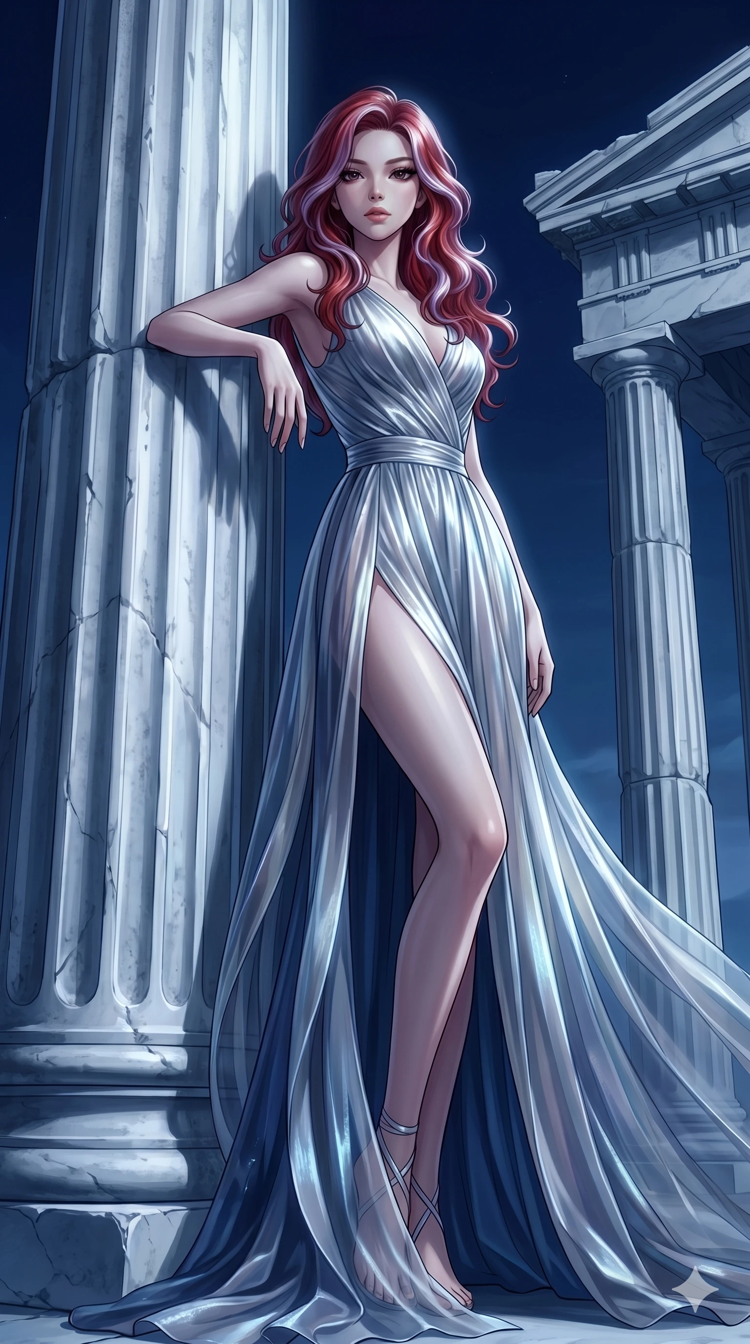 score_9, masterpiece, best quality, ultra-detailed, High-budget Anime Keyframe, East Asian woman. Low angle cowboy shot filling the entire 9:16 frame with her statuesque presence. Scenario 103: Leaning against a cold marble pillar in a moonlit greek temple. Her presence is magnetic and overpowering in this high-budget anime scene. Outfit 103: A shimmering chiffon liquid with a thigh-high slit and translucent layers. The clothing is designed to emphasize her exceptionally tall and slender 8-heads proportion. 8-heads proportion, towering silhouette, ultra-slim waist. sharp v-shaped jawline, intricate jewel-like eyes with depth, thick eyelashes, glossy lips. 2k, ultra detail, master piece, 9:16 ratio