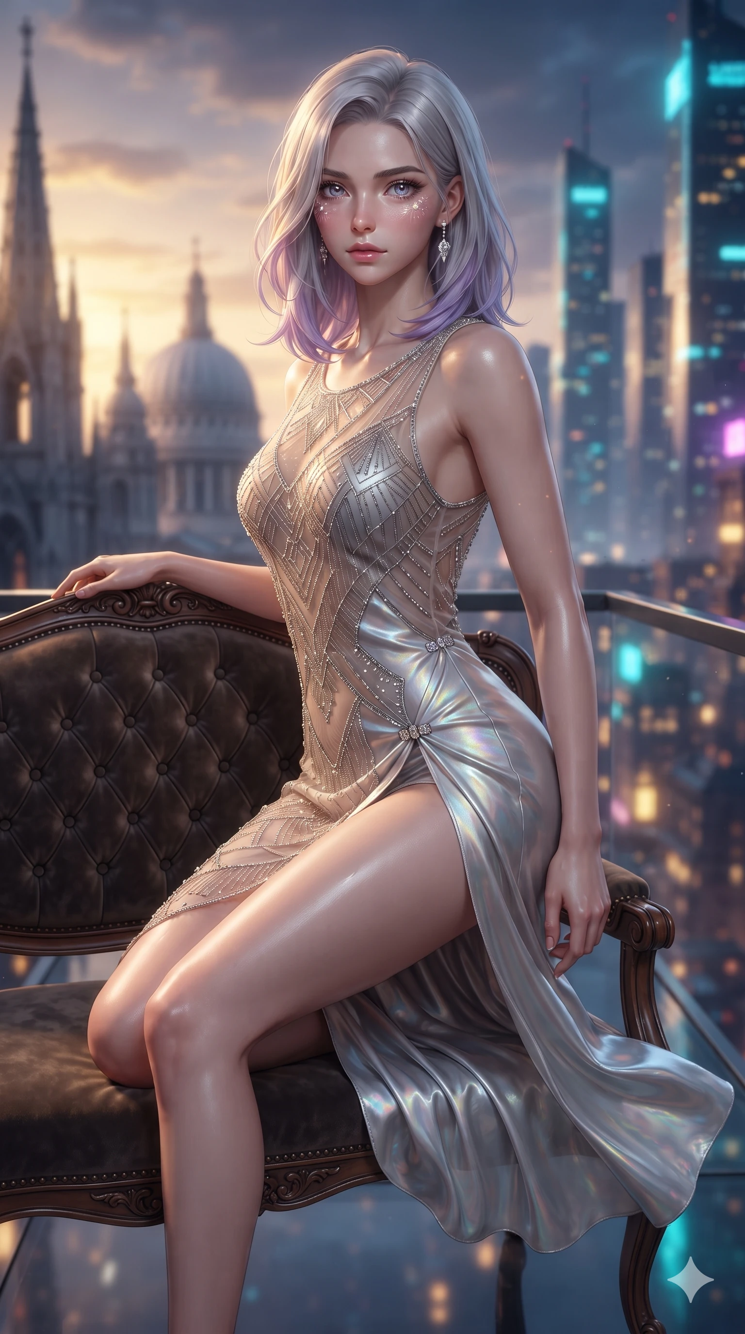 score_9, masterpiece, best quality, ultra-detailed, high-budget anime keyframe, editorial fashion photography, tasteful artistic composition, Caucasian woman. close-up cowboy shot from the waist and thighs up, the character dominates the composition, filling the frame with her large presence. perched sideways on the vintage settee, one knee drawn up to showcase her slender leg line while her arched back accentuates her feminine hip curve while standing poised at the midpoint of the glass skybridge, arching her lower back with sovereign supermodel grace as high-altitude breezes whip her silk dress open. The background shows a soft-focus gothic spires and neoclassical domes blending into soaring cyberpunk neon skyscrapers thousands of meters below blurred into gold, cyan, and deep violet bokeh. She has an exceptionally elegant, slender, and willowy female figure with an ultra-slim waist, flat toned midriff, narrow ribcage, and sculpted feminine hips creating an alluring, slim hourglass silhouette without bulk. sharp v-shaped jawline, high-bridge nose, intricate jewel-like sparkling eyes with depth, thick eyelashes, glossy parted lips with a natural sheen, intensely captivating and seductive bedroom-eyes expression, exuding both youthful cute charm and sovereign luxury allure, flawlessly proportioned anatomical accuracy, strict slender model proportions, natural body alignment, perfectly sculpted long slender limbs, ultra-slim waistline, clean dynamic posture without body distortion. wearing a sheer vintage mesh flapper dress adorned with intricate geometric beadwork over an opaque silk micro-slip in iridescent mother-of-pearl and liquid molten silver, crafted from bespoke double-faced cashmere with an exceptionally soft tactile finish, finished with an ultra-high side slit secured by miniature jeweled clasps, the high-slit wrap tailoring accentuating her ultra-slim waistline and the enchanting curve of her feminine hips with alluring seductive charm. bathed in the dramatic dual twilight lighting: warm golden sunset rays from the classical west and cool vibrant neon from the futuristic east. ultra-reflective glossy finish, specular highlights, rich textural contrasts, high-contrast stereoscopic depth, volumetric dynamic lighting, 2k, ultra detail, master piece, 9:16 ratio