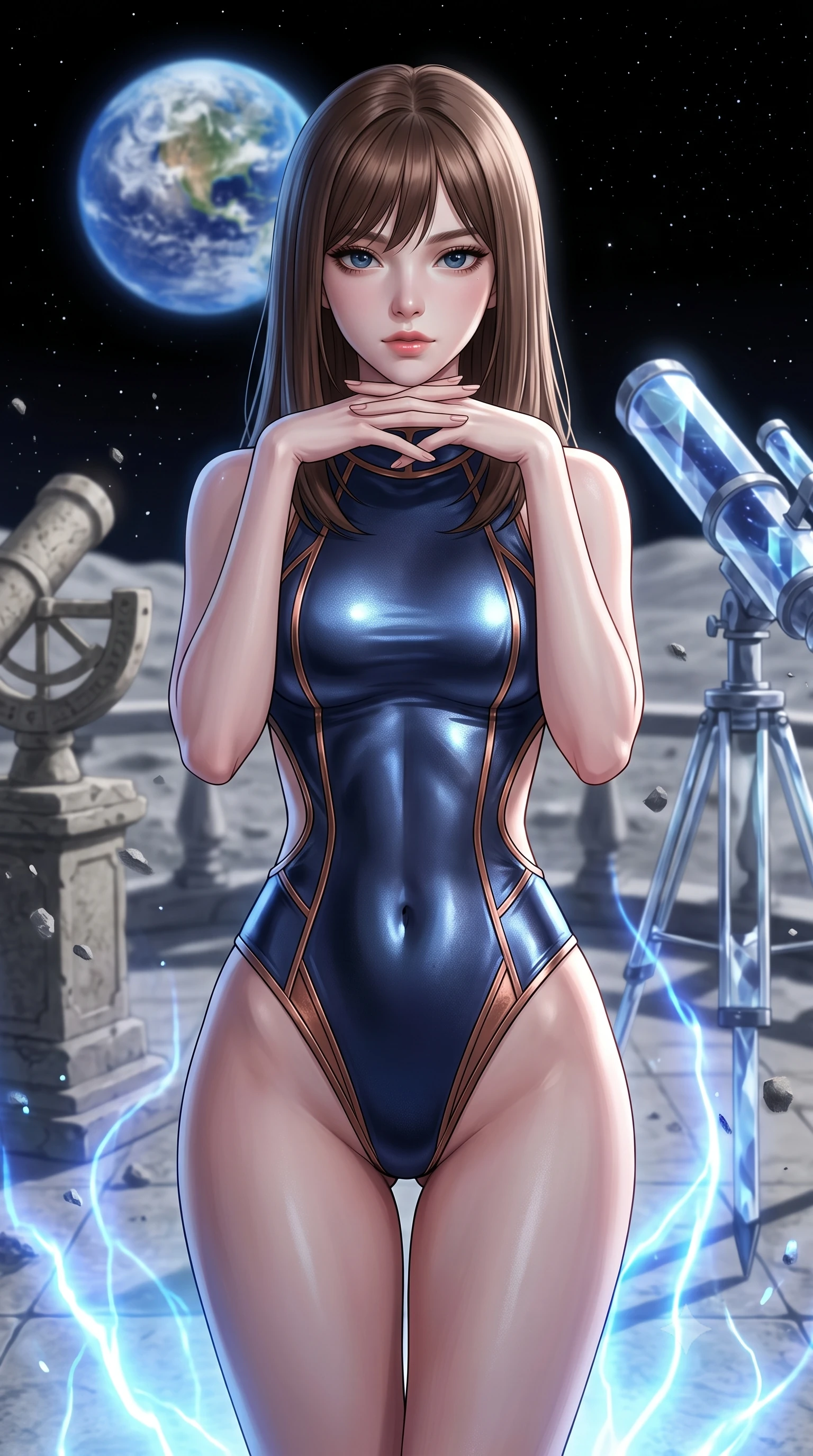 score_9, masterpiece, best quality, ultra-detailed, high-budget anime keyframe, editorial fashion photography, tasteful artistic composition, Korean woman. close-up cowboy shot from the waist and thighs up, the character dominates the composition, filling the frame with her large presence, background elements kept in soft focus. Resting her chin on the backs of her fingers in a confident pose. set against a soft-focus background of an open-air observation terrace on the moon's surface with crystalline telescopes pointing toward the blue Earth hanging in the black sky lunar dust particles floating weightlessly around ancient stone instruments. She has an exceptionally elegant and slender, willowy female figure with an ultra-slim waist, a gracefully sculpted slender torso, and a refined slim physique. sharp v-shaped jawline, high-bridge nose, intricate jewel-like eyes with depth, thick eyelashes, glossy lips with a natural sheen. wearing a one-piece style bodysuit in metallic navy with copper trim, featuring high-cut legs and an open-back design. pulsing electric blue plasma arc lighting rising dramatically from below. 2k, ultra detail, master piece, 9:16 ratio