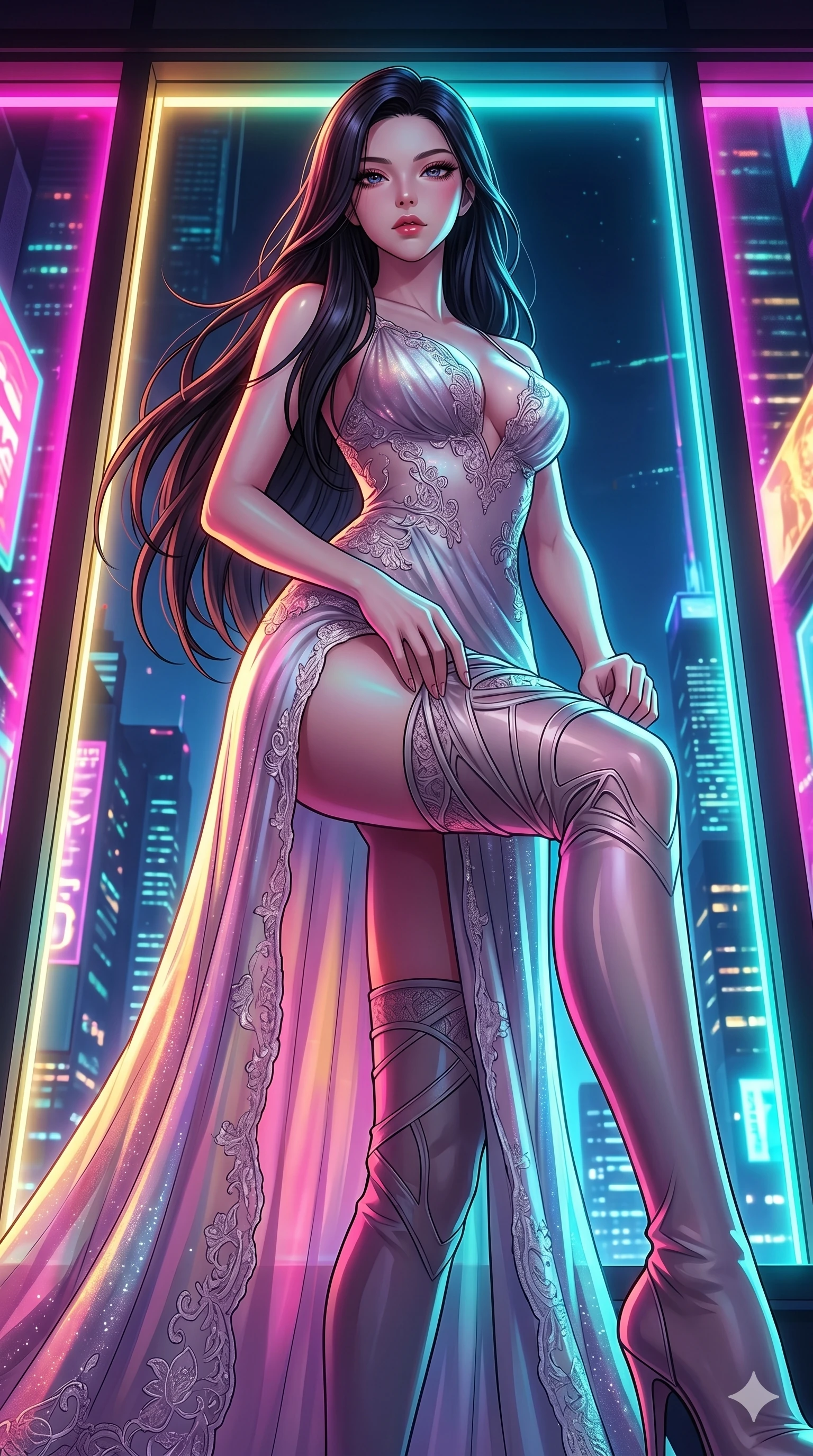 score_9, masterpiece, best quality, ultra-detailed, High-budget Anime Keyframe, East Asian woman. Low angle cowboy shot filling the entire 9:16 frame with her statuesque presence. Scenario 7: Adjusting her sculptural over-the-knee stocking by a glowing neon window. Her presence is magnetic and overpowering in this high-budget anime scene. Outfit 7: A shimmering chiffon long with a sculptural over-the-knee slit and delicate lace embroidery. The clothing is designed to emphasize her exceptionally tall and slender 8-heads proportion. 8-heads proportion, towering silhouette, ultra-slim waist. sharp v-shaped jawline, intricate jewel-like eyes with depth, thick eyelashes, glossy lips. 2k, ultra detail, master piece, 9:16 ratio