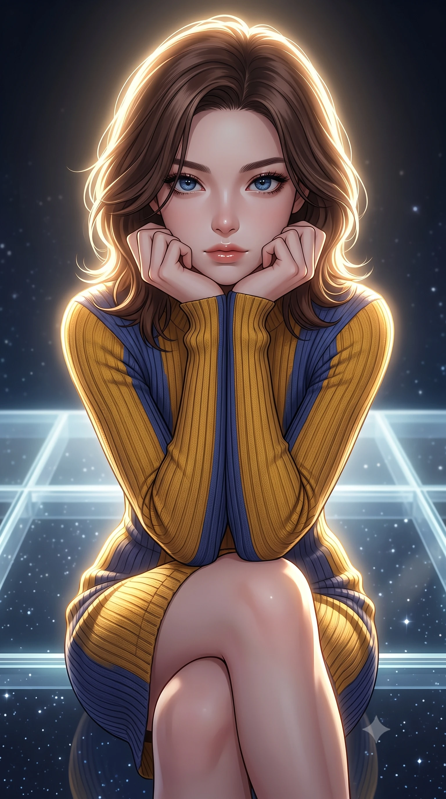 score_9, masterpiece, best quality, ultra-detailed, high-budget anime keyframe, editorial fashion photography, tasteful artistic composition, Korean woman. close-up cowboy shot from the waist and thighs up, the character dominates the composition, filling the frame with her large presence, background elements kept in soft focus. Resting her chin on the backs of her fingers in a confident pose. set against a soft-focus background of a transparent crystalline dance floor floating in open space with nothing but stars visible in every direction below through the glass and around the edges of the impossibly suspended platform. She has an exceptionally elegant and slender, willowy female figure with an ultra-slim waist, a gracefully sculpted slender torso, and a refined slim physique. sharp v-shaped jawline, high-bridge nose, intricate jewel-like eyes with depth, thick eyelashes, glossy lips with a natural sheen. wearing a body-hugging ribbed knit dress in a striking mustard yellow and indigo blue colorway, sculpting her slender proportions. dramatic backlight creating a radiant halo effect around her entire silhouette. 2k, ultra detail, master piece, 9:16 ratio