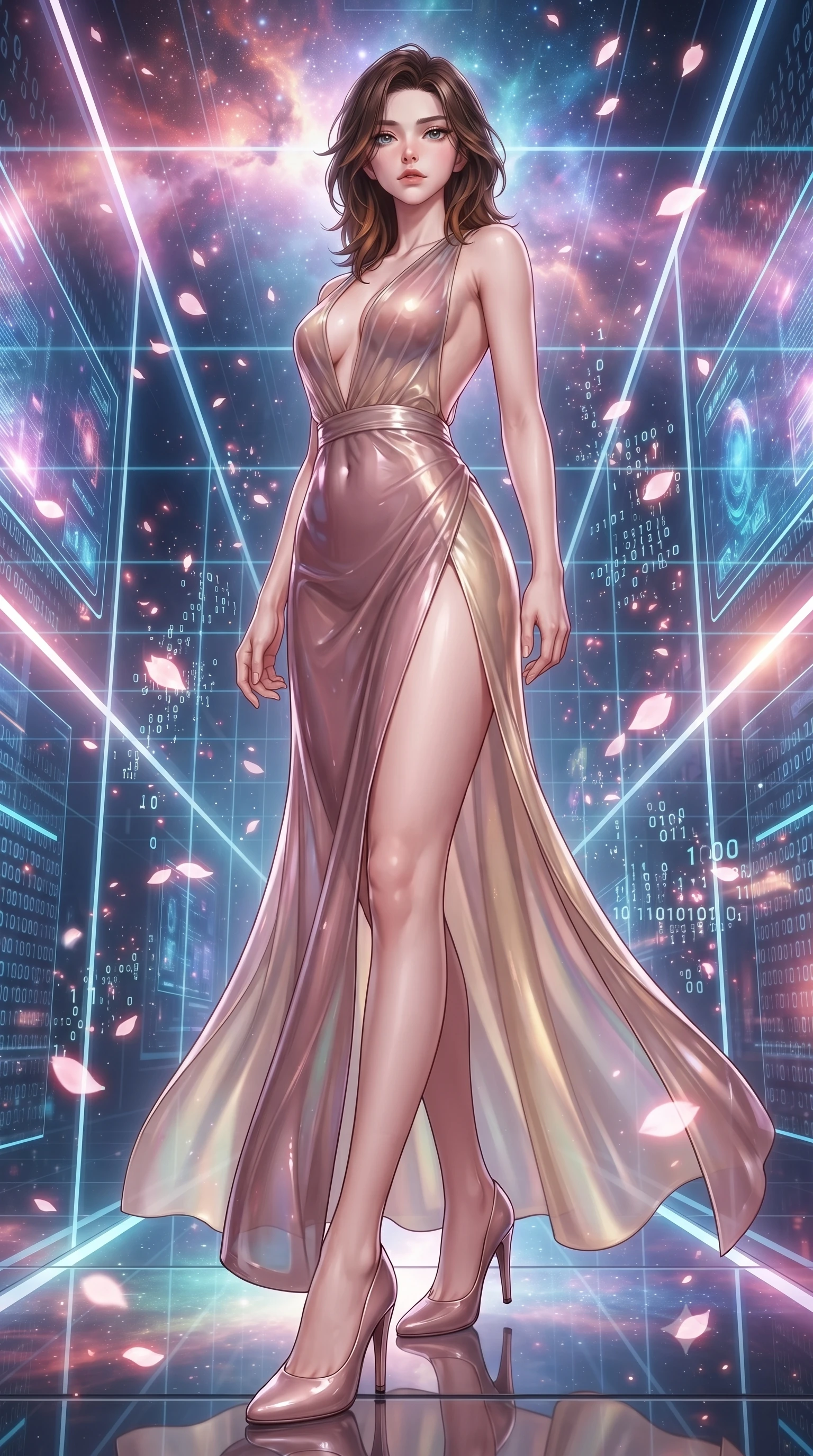 score_9, masterpiece, best quality, ultra-detailed, high-budget anime keyframe, editorial fashion photography, tasteful artistic composition, Korean woman. low angle full-body shot from head to toe showing her feet, filling the entire 9:16 vertical frame with her statuesque presence, stretching her vertical silhouette. navigating the luminous space with effortless poise, displaying her perfect model proportions navigating a corridor of shifting laser light grids and mirror walls, floating digital sakura petals flickering into binary code sparks. She has an absolutely perfect, statuesque 8.5-heads proportion, an exceptionally tall and slender model-like female figure with impossibly long slender legs and an ultra-slim waist. sharp v-shaped jawline, high-bridge nose, intricate jewel-like eyes with depth, thick eyelashes, glossy lips with a natural sheen. wearing a translucent iridescent chiffon gown with a plunging neckline and open back in dusty rose and champagne gold, tailored from high-gloss patent leather, finished with a sleek side slit ascending to mid-thigh, the elegant draped fit framing her graceful clavicle and slender torso. illuminated by radiant cosmic nebula light and glowing holographic displays. highly saturated vibrant anime colors, detailed shading with soft gradients, rich glossy textures, high-contrast stereoscopic depth, volumetric dynamic lighting, master piece, 9:16 ratio
