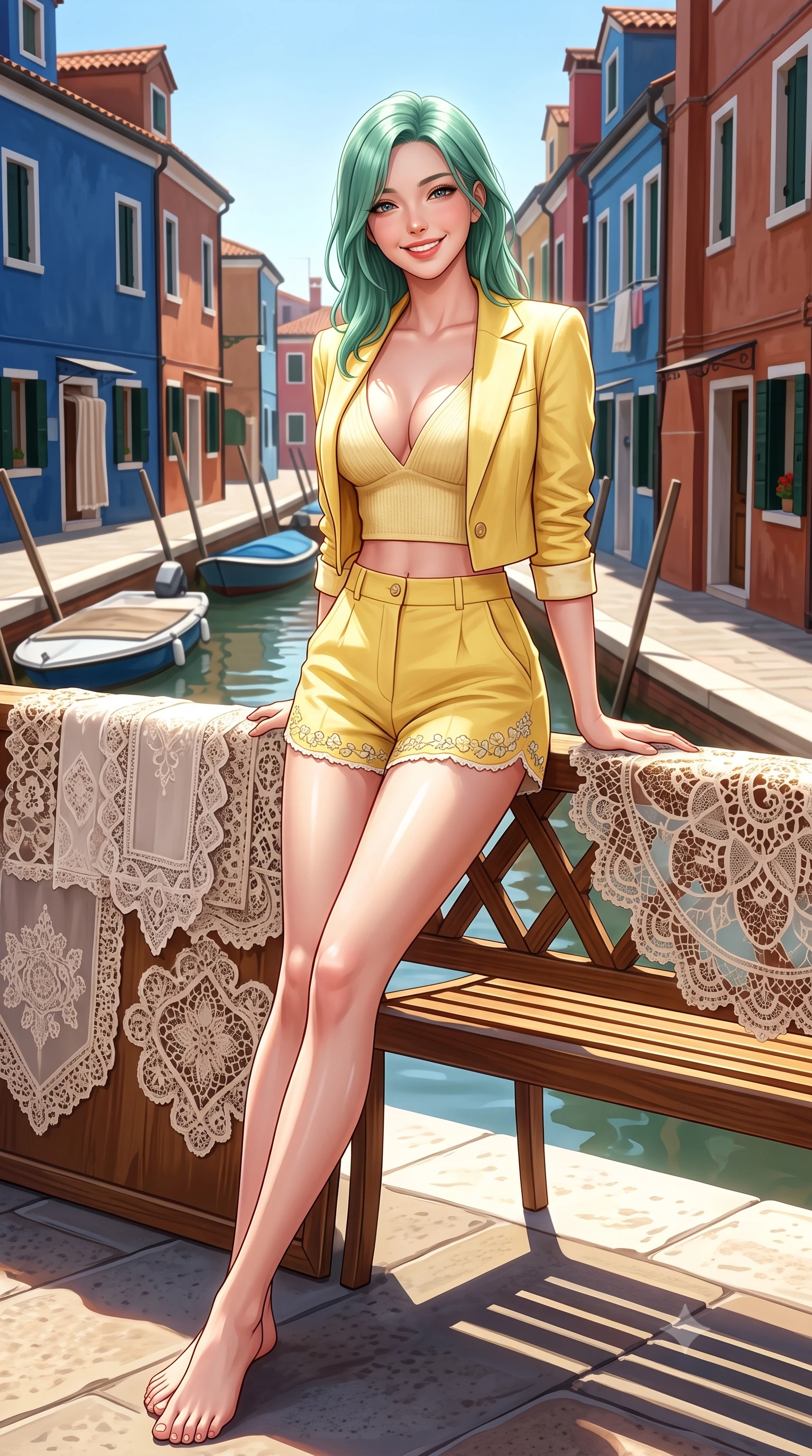 score_9, masterpiece, best quality, ultra-detailed, high-budget anime keyframe, semi-realistic 3D game render, editorial fashion photography, tasteful artistic composition, Japanese woman. low angle full-body shot from head to toe showing her feet, filling the entire 9:16 vertical frame with her statuesque presence, stretching her vertical silhouette. leaning deep against the sunlit architecture with hips cocked back in a cute yet unapologetically alluring high-fashion stance, flashing a warm beaming smile while sitting on a sunlit wooden bench beside handmade Venetian lace displays with legs crossed, her flat midriff and curvy hips highlighted in the sun. The surrounding environment is rendered in vivid detail and crisp panoramic clarity. detailed knit top texture, bright sunlight glints on skin, and Burano canal architecture in high resolution. She has an exceptionally tall and slender model-like 8.5-heads proportion, an ultra-slim waist, a flat toned midriff, narrow delicate ribcage, and beautifully sculpted feminine hips creating a graceful, slim hourglass silhouette without any bulky heaviness, with impossibly long slender legs. sharp v-shaped jawline, high-bridge nose, intricate jewel-like sparkling eyes with depth, thick eyelashes, glossy parted lips with a natural peach sheen, bright cheerful beaming smile with an enchanting and coquettish sensual glint, exuding both youthful cute charm and seductive allure, flawlessly proportioned anatomical accuracy, strict slender model proportions, natural body alignment, perfectly sculpted long slender limbs, ultra-slim waistline, clean dynamic posture without body distortion. wearing a chic cropped linen blazer worn with a plunging-V camisole and high-waisted tailored hot-pants showcasing her long slender legs in bright butter yellow and fresh cream white, tailored from crisp cotton poplin with clean structural lines, complemented by delicate embroidered floral trim along the hem, the liquid-tight tailored fabric clinging flawlessly to her narrow waist and rounded feminine hips, emphasizing every millimeter of her sculpted slim hourglass curves without any bulky heaviness. bathed in brilliant midday Mediterranean sunlight reflecting off vibrant colorful walls. highly saturated vibrant anime colors, detailed shading with soft gradients, rich glossy textures, high-contrast stereoscopic depth, volumetric dynamic lighting, master piece, 9:16 ratio