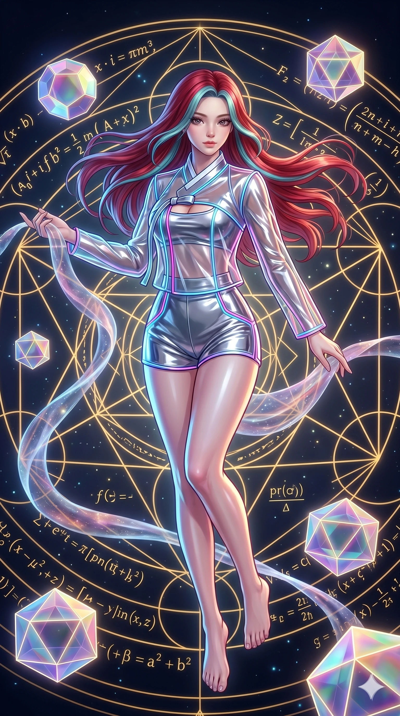 score_9, masterpiece, best quality, ultra-detailed, high-budget anime keyframe, Korean woman. upper body close-up from the thighs up, character filling the screen for maximum presence. floating gracefully in a mathematical mandala void filled with golden geometric lines of complex formulas, holding a translucent ribbon as she glides between floating regular polyhedrons. She has an absolutely perfect 8-heads proportion, an exceptionally tall and slender female figure with impossibly long slender legs and an ultra-slim waist. V-shaped jawline, high-bridge nose, intricate jewel-like eyes with depth, thick eyelashes, glossy lips with a natural sheen.. wearing a vinyl liquid mercury fusion hanbok, featuring a translucent chrome-silver vinyl jeogori and high-waist micro-shorts, detailed with glowing neon wire trims and a tasteful chest slit. lit by a soft glowing ambient light and a sharp side key light that traces the sleek contours of her athletic build. 2k, ultra detail, master piece, 9:16 ratio