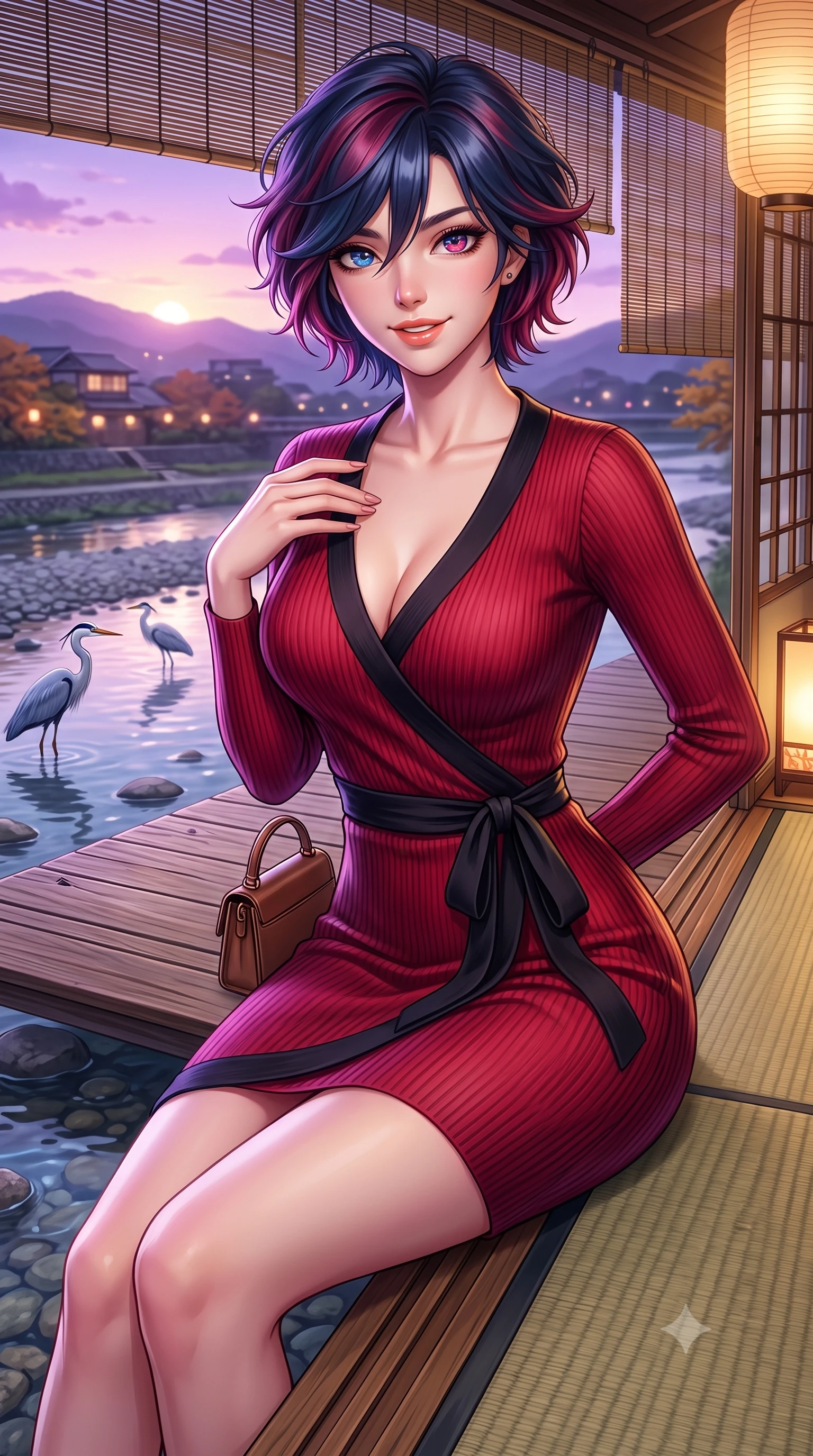 score_9, masterpiece, best quality, ultra-detailed, high-budget anime keyframe, semi-realistic 3D game render, editorial fashion photography, tasteful artistic composition, Korean woman. close-up cowboy shot from the waist and thighs up, the character dominates the composition, filling the frame with her large presence. tilting her chin up with a teasing half-smile, running one manicured hand lightly along her lapel with effortless magnetic allure while sitting gracefully on a tatami mat at the open veranda edge, watching herons wade in the Kamogawa river with tranquil charm. The surrounding environment is rendered in vivid detail and crisp panoramic clarity: sharp weather-beaten cedar wood decking textures, river stones in clear shallow water, and bamboo lattice blinds in deep focus. She has an exceptionally elegant, slender, and willowy female figure with an ultra-slim waist, flat toned midriff, narrow ribcage, and sculpted feminine hips creating an alluring, slim hourglass silhouette without bulk. sharp v-shaped jawline, high-bridge nose, intricate jewel-like sparkling eyes with depth, thick eyelashes, glossy parted lips with a natural peach sheen, bright cheerful beaming smile with an enchanting and coquettish sensual glint, exuding both youthful cute charm and seductive allure, flawlessly proportioned anatomical accuracy, strict slender model proportions, natural body alignment, perfectly sculpted long slender limbs, ultra-slim waistline, clean dynamic posture without body distortion. wearing a form-fitting ribbed silk-cashmere wrap dress with a cinched sash belt framing her feminine hourglass proportions in Kyoto autumn maple crimson and deep ink black, tailored from form-contouring ribbed merino wool hugging her torso like a second skin, finished with a structured leather micro-bag held lightly at her hip, the form-contouring silhouette accentuating her sculpted flat midriff, narrow delicate ribcage, and gracefully curvy hips with intoxicating allure. bathed in the soft purple-gold twilight glow of autumn sunset over the Higashiyama mountains mixed with warm paper lantern lights. highly saturated vibrant anime colors, detailed shading with soft gradients, rich glossy textures, high-contrast stereoscopic depth, volumetric dynamic lighting, master piece, 9:16 ratio
