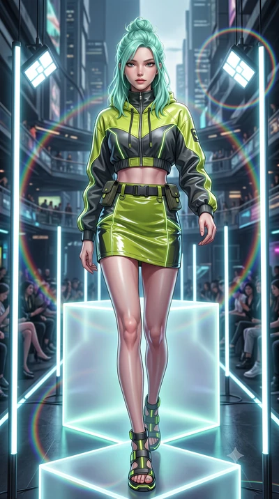 score_9, masterpiece, best quality, ultra-detailed, high-budget anime keyframe, semi-realistic 3D game render, editorial fashion photography, tasteful artistic composition, Japanese woman. low angle full-body shot from head to toe showing her feet, f