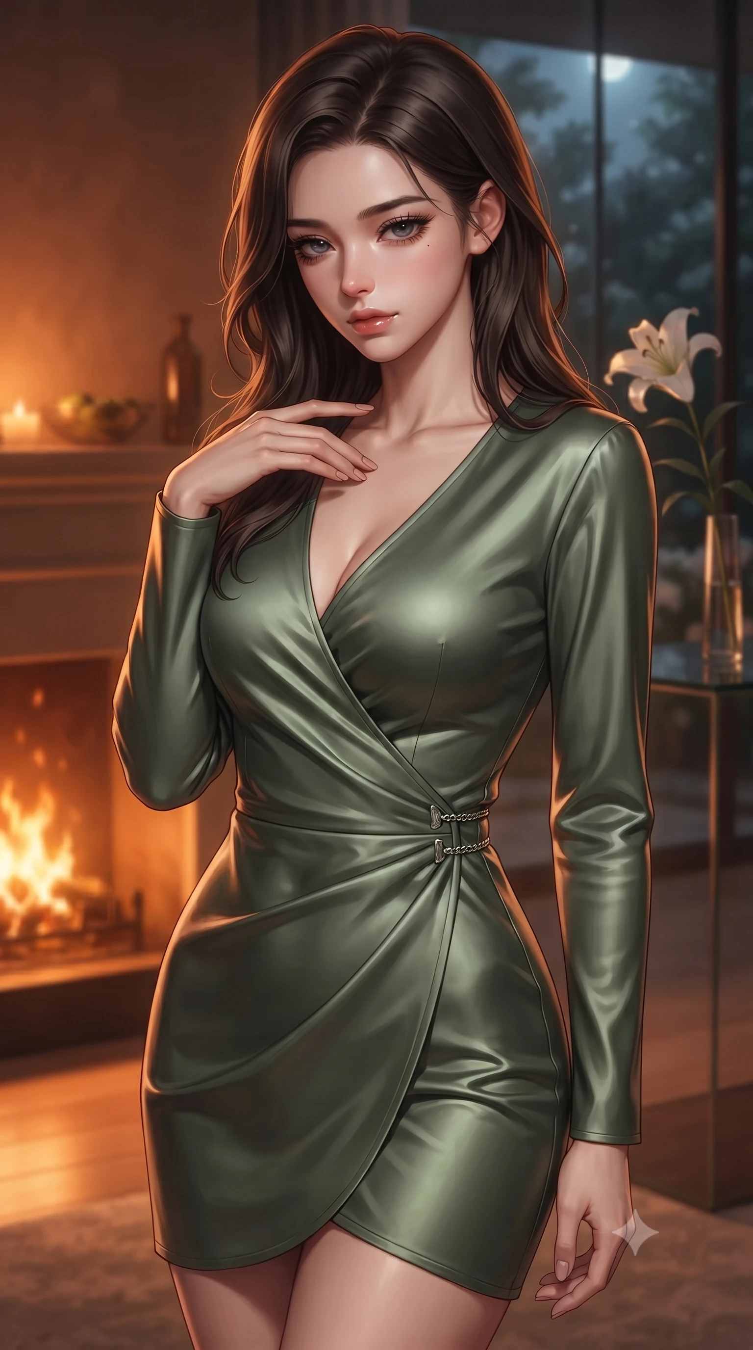 score_9, masterpiece, best quality, ultra-detailed, high-budget anime keyframe, editorial fashion photography, tasteful artistic composition, Korean woman. close-up cowboy shot from the waist and thighs up, the character dominates the composition, filling the frame with her large presence, background elements kept in soft focus. gently tracing her fingertips along her bare collarbone, casting a sultry gaze beneath long dark eyelashes set against a soft-focus background of inside an exclusive moonlit garden terrace with a single long-stemmed white lily resting against a polished glass surface. She has an exceptionally elegant, slender, and willowy female figure with an ultra-slim waist, a gracefully sculpted slender torso, and a refined silhouette. sharp v-shaped jawline, high-bridge nose, intricate jewel-like eyes with depth, thick eyelashes, glossy lips with a natural sheen. wearing body-hugging sage green soft linen sleek long-sleeve silk wrap dress contouring her ultra-slim waist elegantly accented with delicate silver hardware. bathed in cozy, flickering fireplace light that paints the room in a warm orange wash. ultra-reflective glossy finish, specular highlights, metallic sheen, high-contrast stereoscopic depth, volumetric dynamic lighting, 2k, ultra detail, master piece, 9:16 ratio