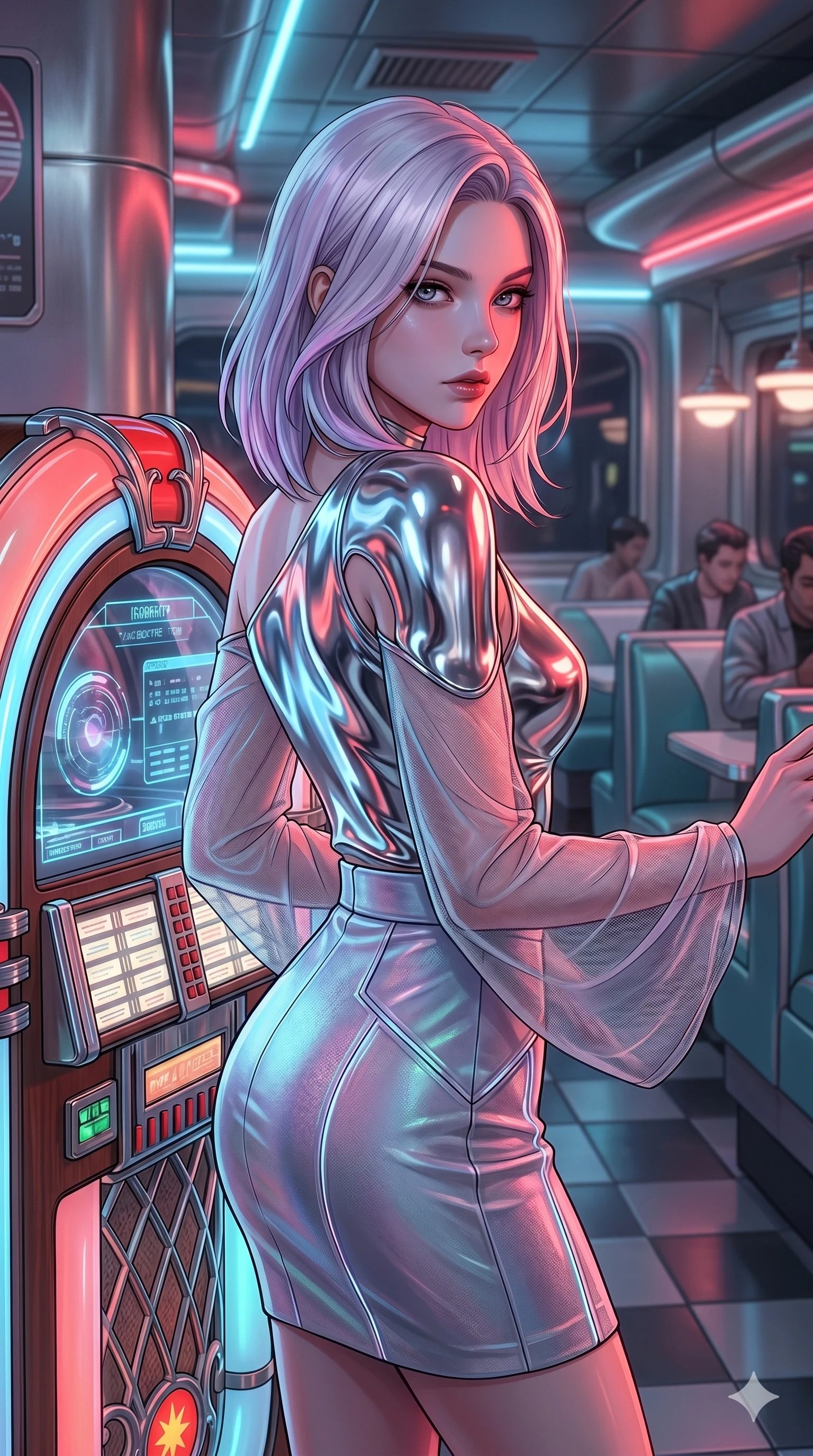score_9, masterpiece, best quality, ultra-detailed, high-budget anime keyframe, editorial fashion photography, tasteful artistic composition, Caucasian woman, strictly human ears. Upper body close-up from the thighs up, character filling the screen for maximum presence. Standing next to a retro jukebox in a futuristic diner, leaning against the jukebox, looking back with an enigmatic, intense gaze. She is wearing an asymmetrical liquid-chrome top with sheer sleeves and a high-waisted skirt. The scene is illuminated by the neon red and blue glow of the jukebox. 2k, ultra detail, master piece, 9:16 ratio