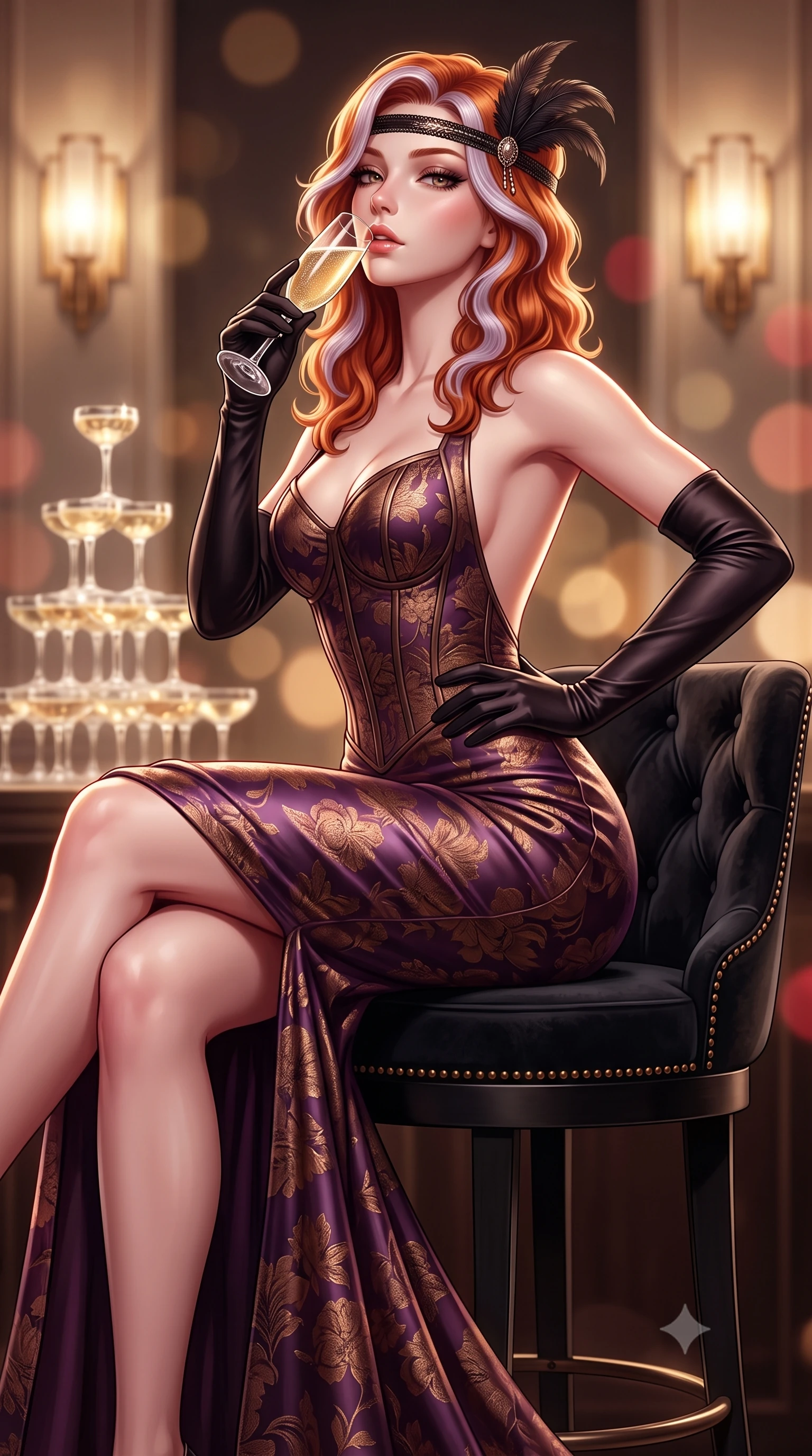 score_9, masterpiece, best quality, ultra-detailed, high-budget anime keyframe, semi-realistic 3D game render, editorial fashion photography, tasteful artistic composition, Caucasian woman. close-up cowboy shot from the waist and thighs up, the character dominates the composition, filling the frame with her large presence. tilting her chin up with proud, sovereign allure while gazing through thick eyelashes, one hand resting on her waist in pure supermodel charisma while sitting high on a tufted black velvet barstool with legs crossed, arching her lower back while holding a crystal champagne flute to her lips. The composition keeps background elements in soft focus with creamy bokeh. towering crystal champagne pyramids and glowing art-deco wall sconces blurred into warm champagne, whiskey-gold, and ruby bokeh. She has an exceptionally elegant, slender, and willowy female figure with an ultra-slim waist, a gracefully sculpted slender torso, toned flat midriff, and rounded feminine hips creating an alluring hourglass silhouette. sharp v-shaped jawline, high-bridge nose, intricate jewel-like eyes with depth, thick eyelashes, glossy parted lips with a natural sheen, intensely captivating and seductive bedroom-eyes expression, flawlessly proportioned anatomical accuracy, strict slender model proportions, natural body alignment, perfectly sculpted long slender limbs, ultra-slim waistline, clean dynamic posture without body distortion. wearing a sculptured liquid-satin mermaid gown with a boned corset bodice and body-hugging hip hug in deep plum violet and antique bronze, made of rich textured floral silk jacquard with subtle gold thread, accessorized with opera-length black satin gloves and a feathered art deco headband, the dramatically scooped open back descending to the base of her spine, accentuating her razor-sharp statuesque lines and curvy hourglass silhouette. surrounded by an opulent, scandalous, and irresistibly intoxicating jazz-age siren aura. highly saturated vibrant anime colors, detailed shading with soft gradients, rich glossy textures, high-contrast stereoscopic depth, volumetric dynamic lighting, master piece, 9:16 ratio