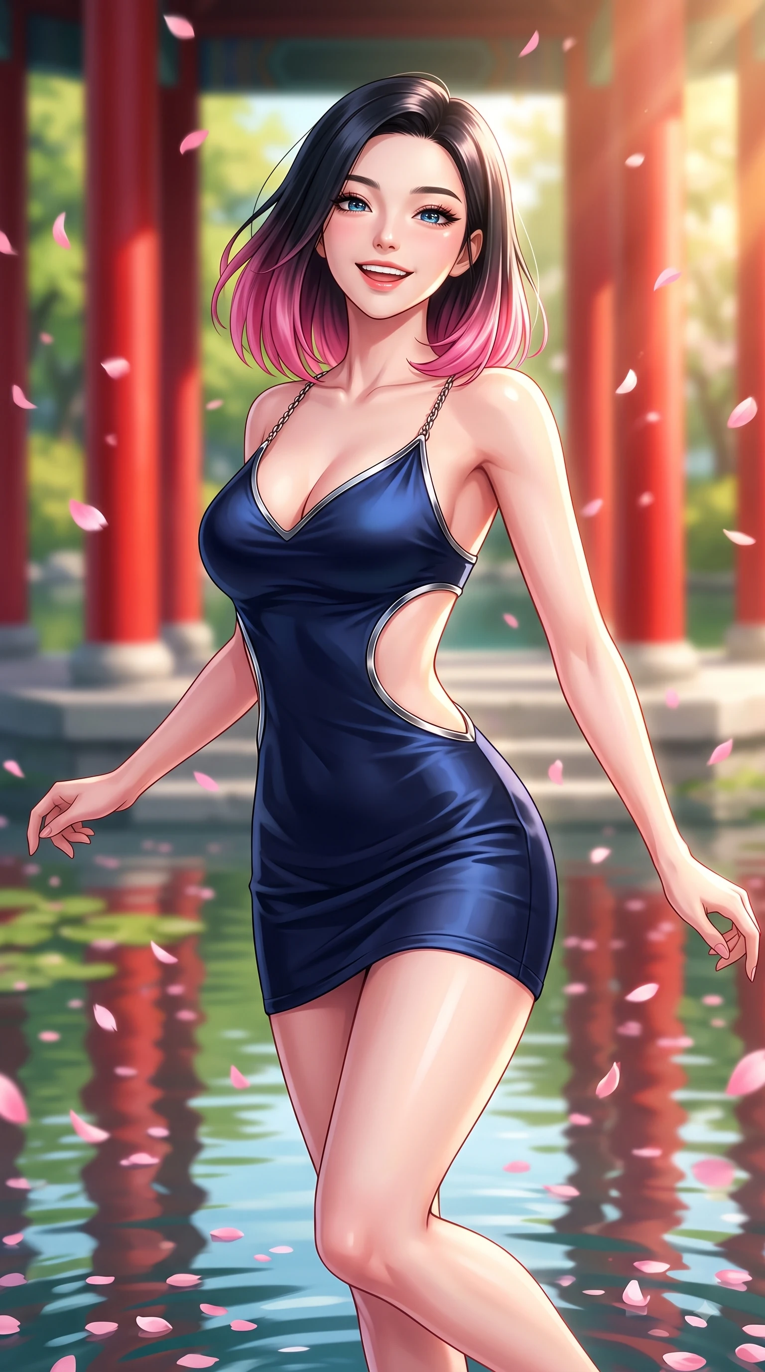 score_9, masterpiece, best quality, ultra-detailed, high-budget anime keyframe, editorial fashion photography, tasteful artistic composition, Korean woman. close-up cowboy shot from the waist and thighs up, the character dominates the composition, filling the frame with her large presence, background elements kept in soft focus. Tilting her chin up with a beaming smile of pure delight while balancing dynamically amidst the scene while spinning in mid-air over a serene mirror lake as pink petals rain softly around her, red vermilion pavilion columns contrasting vividly with green spring foliage. She has an exceptionally elegant, slender, and willowy female figure with an ultra-slim waist, a gracefully sculpted slender torso, and a refined silhouette. sharp v-shaped jawline, high-bridge nose, intricate jewel-like eyes with depth, thick eyelashes, glossy lips with a natural sheen, flawlessly proportioned anatomical accuracy, natural body alignment, perfectly sculpted elegant limbs, clean dynamic posture without body distortion. wearing a dramatic open-waist cutout mini dress framed by sculptural hardware in midnight navy blue and chrome trim, crafted from smooth liquid silk, adorned with delicate metallic chain straps along the neckline, the tailored fabric tightly following every curve of her athletic build. bathed in bright morning sunbeams and warm golden sakura backlighting. highly saturated vibrant anime colors, detailed shading with soft gradients, rich glossy textures, high-contrast stereoscopic depth, volumetric dynamic lighting, master piece, 9:16 ratio