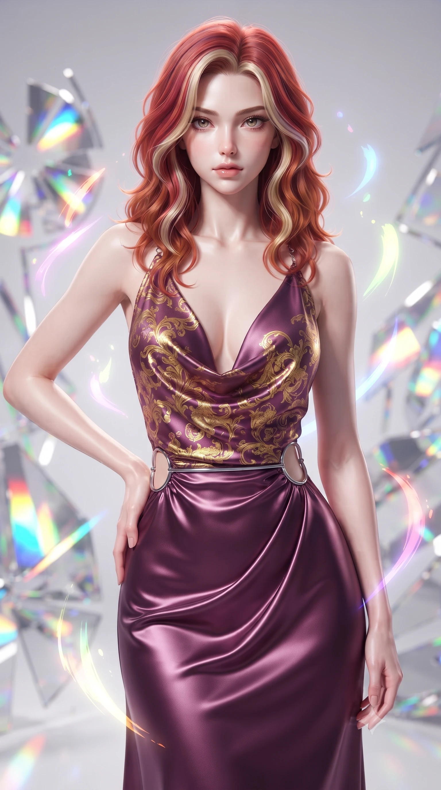 score_9, masterpiece, best quality, ultra-detailed, high-budget anime keyframe, editorial fashion photography, tasteful artistic composition, Caucasian woman. close-up cowboy shot from the waist and thighs up, the character dominates the composition, filling the frame with her large presence, background elements kept in soft focus. Holding a confident power pose with one hand on her hip, gazing directly into the camera with quiet intensity surrounded by rotating shattered mirror sculptures reflecting bright acrylic colors, glowing neon brushstrokes floating poetically around her silhouette. She has an exceptionally elegant, slender, and willowy female figure with an ultra-slim waist, a gracefully sculpted slender torso, and a refined silhouette. sharp v-shaped jawline, high-bridge nose, intricate jewel-like eyes with depth, thick eyelashes, glossy lips with a natural sheen. wearing an elegant cowl-neck satin midi dress with a draped neckline in plum purple and gold filigree, crafted from lustrous satin jersey with fluid draping, accented with delicate chrome ring hardware framing her waist, the form-contouring material highlighting her ultra-slim waist and long lines. drenched in bright white key light with colorful prismatic rim lighting. ultra-reflective glossy finish, specular highlights, metallic sheen, high-contrast stereoscopic depth, volumetric dynamic lighting, 2k, ultra detail, master piece, 9:16 ratio