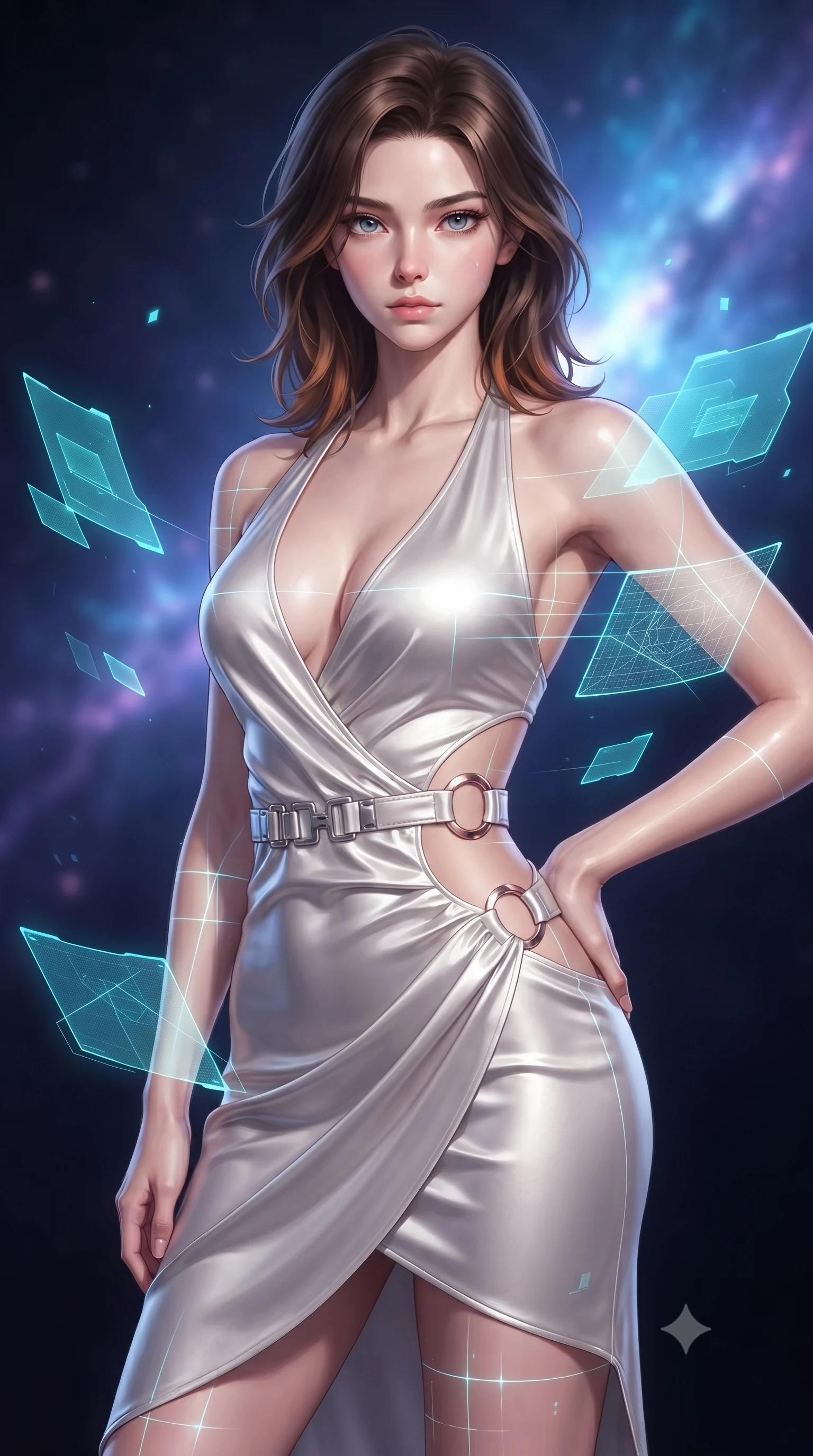 score_9, masterpiece, best quality, ultra-detailed, high-budget anime keyframe, editorial fashion photography, tasteful artistic composition, Korean woman. close-up cowboy shot from the waist and thighs up, the character dominates the composition, filling the frame with her large presence, background elements kept in soft focus. Holding a confident power pose with one hand on her hip, gazing directly into the camera with quiet intensity manipulating floating translucent cyan hologram data shards in a void, laser lines casting precise geometric grid highlights on her athletic form. She has an exceptionally elegant, slender, and willowy female figure with an ultra-slim waist, a gracefully sculpted slender torso, and a refined silhouette. sharp v-shaped jawline, high-bridge nose, intricate jewel-like eyes with depth, thick eyelashes, glossy lips with a natural sheen. wearing a deep-scoop halter bodycon dress with hip cutouts connected by silver rings in pearl white and rose gold, crafted from lustrous satin jersey with fluid draping, detailed with polished silver buckles along the waistline, the tailored fabric tightly following every curve of her athletic build. illuminated by radiant cosmic nebula light and glowing holographic displays. ultra-reflective glossy finish, specular highlights, metallic sheen, high-contrast stereoscopic depth, volumetric dynamic lighting, 2k, ultra detail, master piece, 9:16 ratio