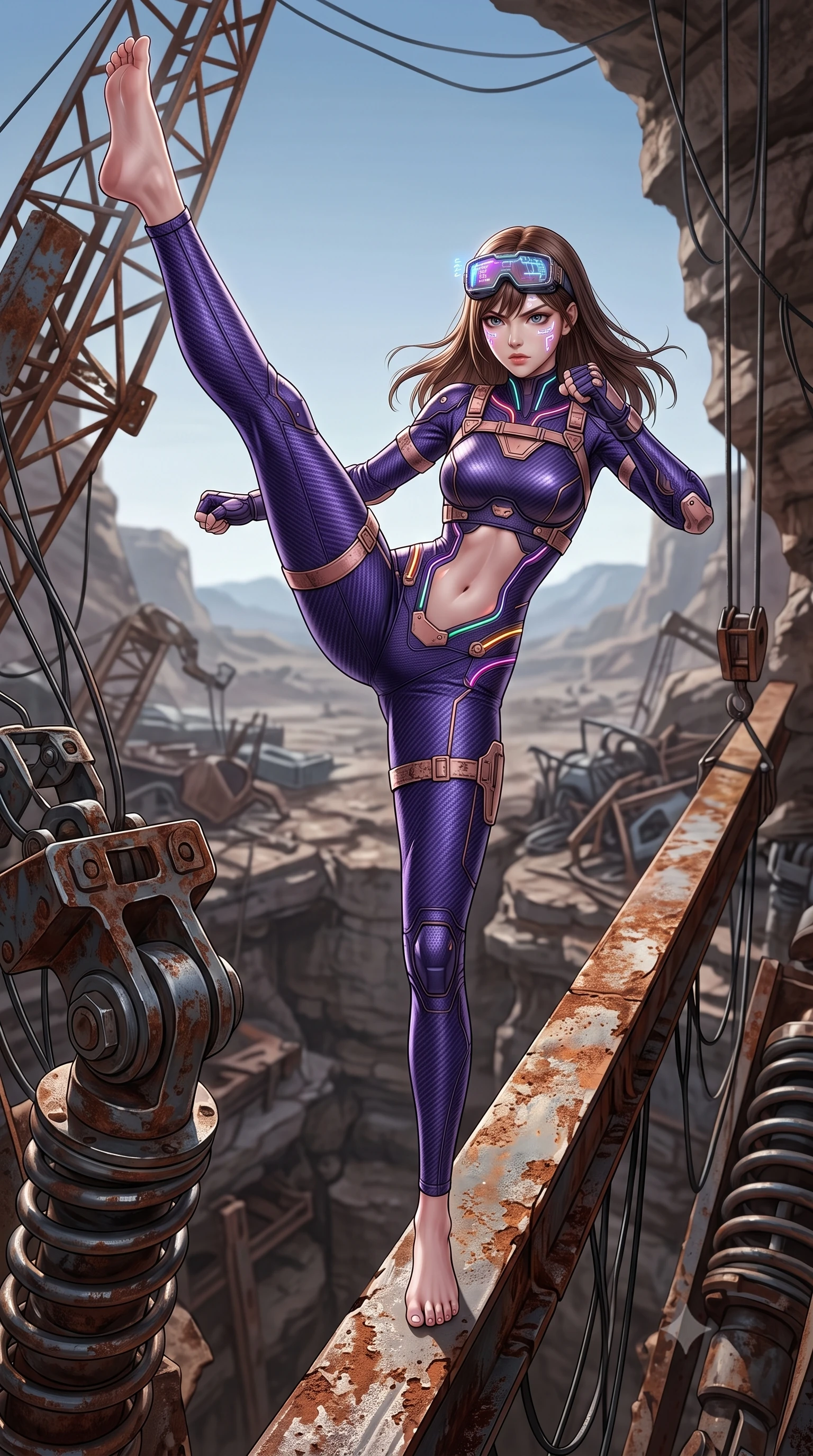 score_9, masterpiece, best quality, ultra-detailed, high-budget anime keyframe, semi-realistic 3D game render, editorial fashion photography, tasteful artistic composition, Korean woman. low angle full-body shot from head to toe showing her feet, filling the entire 9:16 vertical frame with her statuesque presence, stretching her vertical silhouette. executing a breathtaking zero-gravity high-kick with full 180-degree vertical extension, her impossibly long slender legs dominating the frame with razor-sharp poise while stepping along a narrow rusted crane beam suspended above the metal graveyard with supreme supermodel balance. The surrounding environment is rendered in vivid detail and crisp panoramic clarity. intricate knuckle shock-absorber joints, cavern stone strata, and wire bundles in high resolution. She has an absolutely perfect, statuesque 8.5-heads proportion, an exceptionally tall and slender model-like female figure with impossibly long slender legs, a toned flat midriff, and an ultra-slim waist. sharp v-shaped jawline, high-bridge nose, intricate jewel-like eyes with depth, thick eyelashes, glossy lips with a natural sheen, fierce and resolute heroine expression, flawlessly proportioned anatomical accuracy, strict slender model proportions, natural body alignment, perfectly sculpted long slender limbs, ultra-slim waistline, clean dynamic posture without body distortion. wearing high-tech holographic tactical goggles resting tipped up on her forehead, casting glowing neon runes across her brow without obscuring her features, paired with a tailored tactical combat jumpsuit with an open-back harness design, reinforced composite breastplate, and high-mobility elbow dampers in royal purple carbon fiber with distressed rose-gold hardware and buckles, crafted from ultra-strong woven carbon-fiber composite with battle-tested satin luster, accented with glowing fiber-optic telemetry conduits tracing her collarbones and hip curves, the sleek second-skin cut tightly hugging her graceful clavicle, narrow waist, and feminine curves with athletic precision. illuminated by crisp specular highlights tracing her sculpted flat midriff, bare spine, and slender limbs. rich saturated anime colors with glowing neon highlights, detailed shading with soft gradients, rich glossy textures, high-contrast stereoscopic depth, volumetric dynamic lighting, master piece, 9:16 ratio